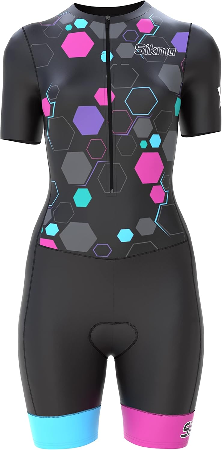 Sikma Ladies Cycling Skinsuit Women Padded One Piece Trisuit Bike Top Short Sublimated Design bib Short.