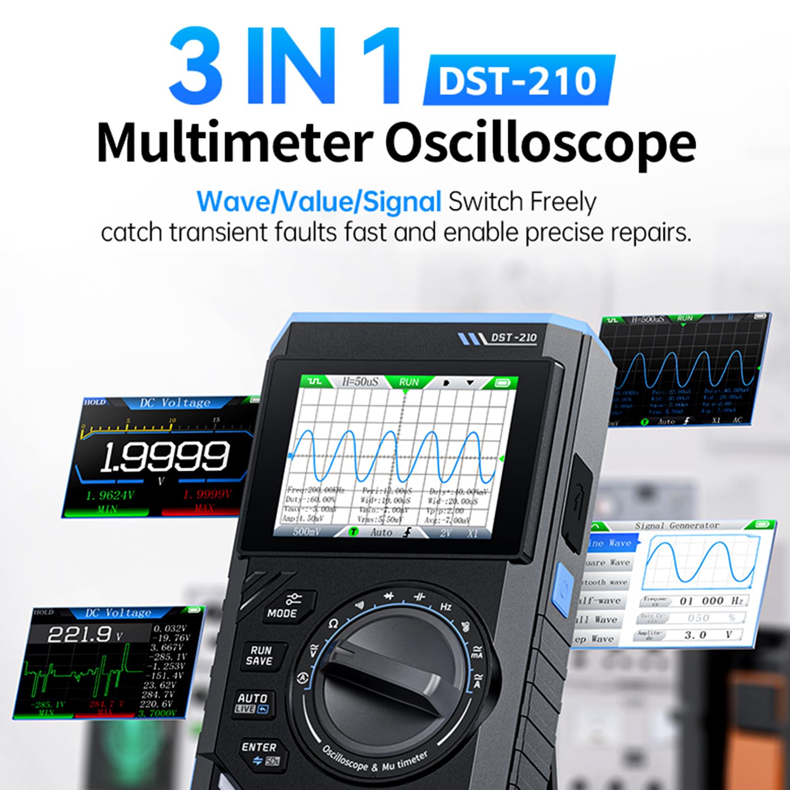 Osciloscopio Portatil DST-210 Multimetro Digital Profesional Generador de Señales 3 en 1 Multimetro Tester 19,999 Cuentas Comprueba Voltaje CA/CC, Corriente, Capacitancia, Resistencia y Diodos