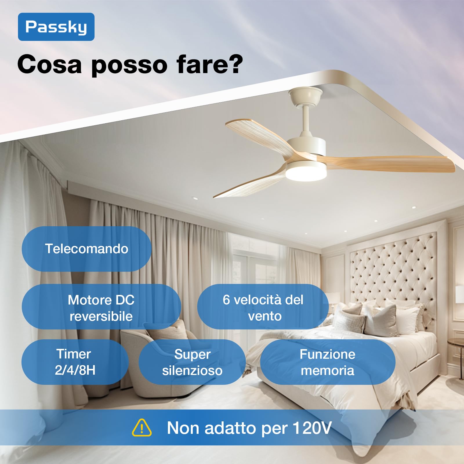 Passky Ventilatore da soffitto con illuminazione e telecomando, ventilatore da soffitto con luce, 3 pale, motore DC, 132 cm, bianco