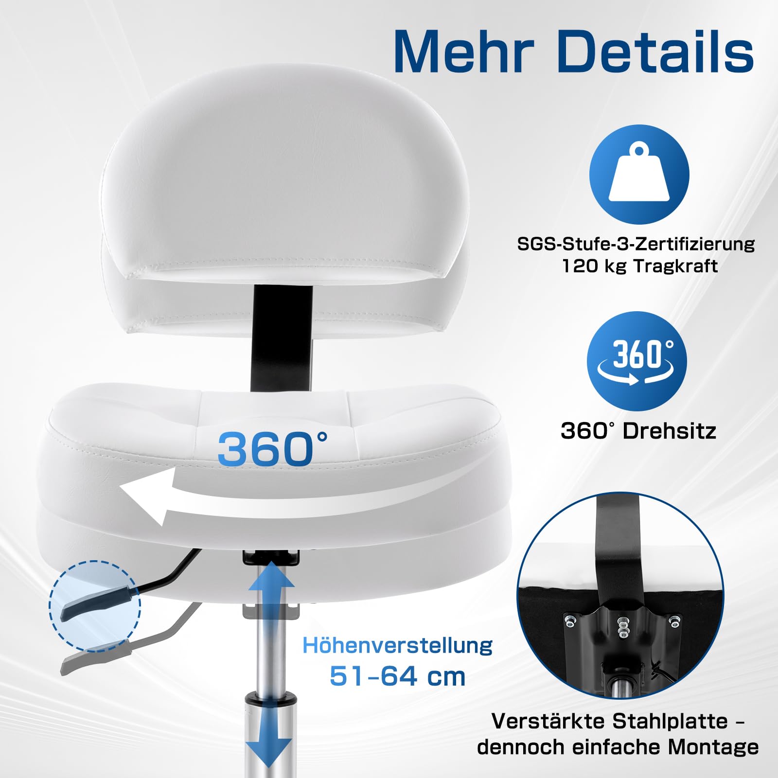 Taburete con ruedas con respaldo y cojín ancho y rectangular, altura regulable 51-64 cm, taburete giratorio con ruedas con marcha uniforme, ideal para salones, cosméticos (blanco)