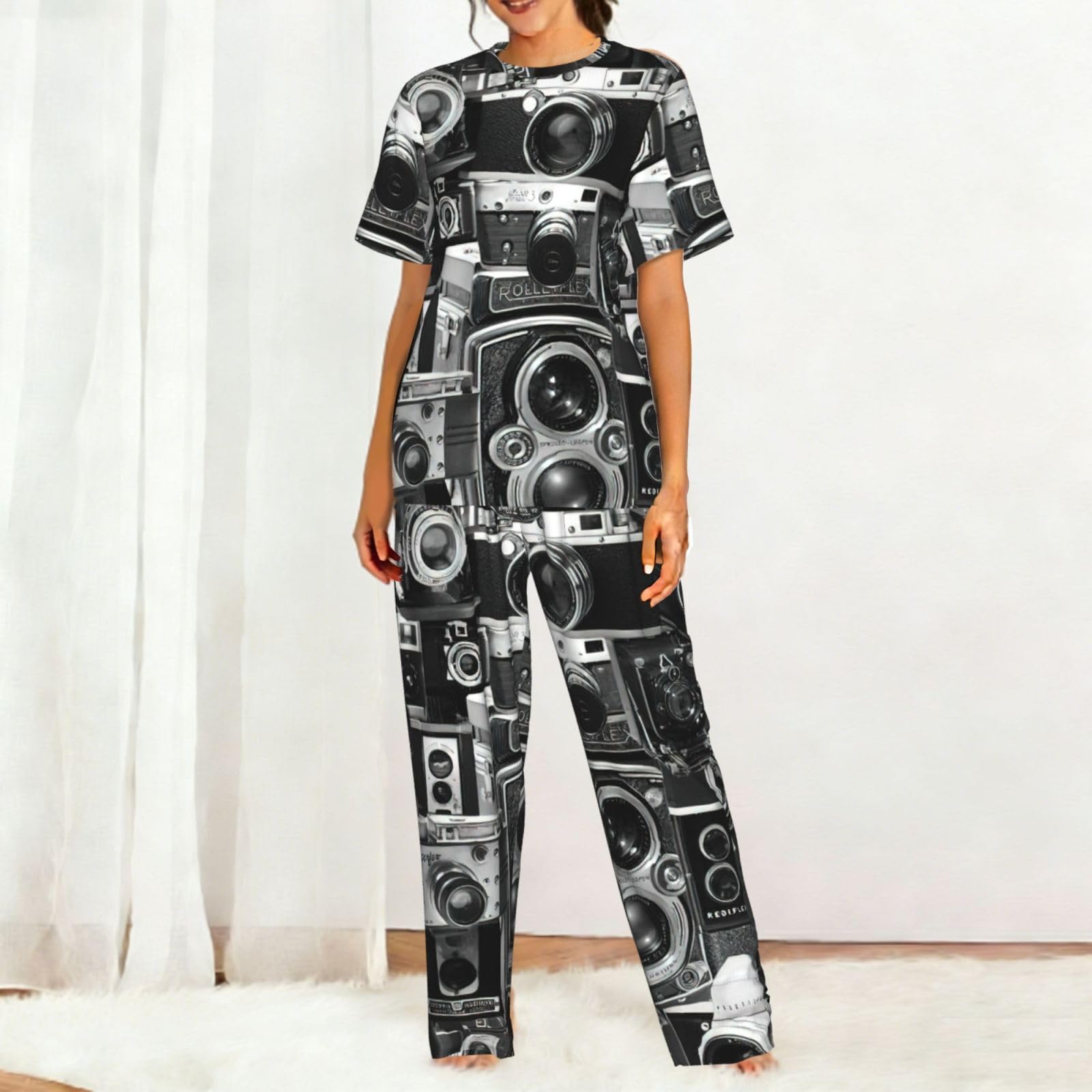 Retro Cool Camera Collection Print damska piżama z krótkim rękawem zestaw bielizna nocna lato miękka wygodna domowa bielizna nocna