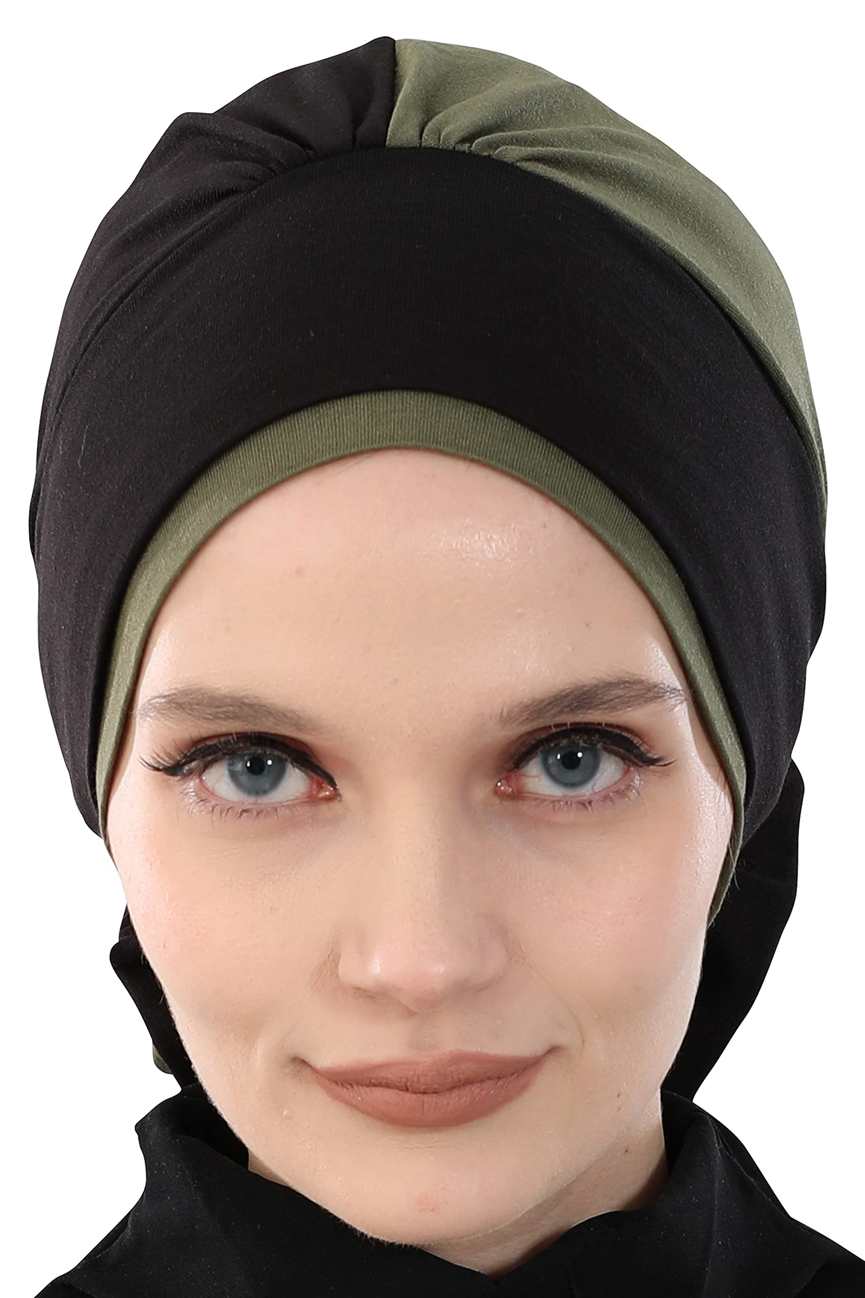 Aisha's Design Pretied Instant Turban Head Wraps For Women, 95% Cotton Hijab Scarf, 2-Color Rose Detail, Black-Army Green