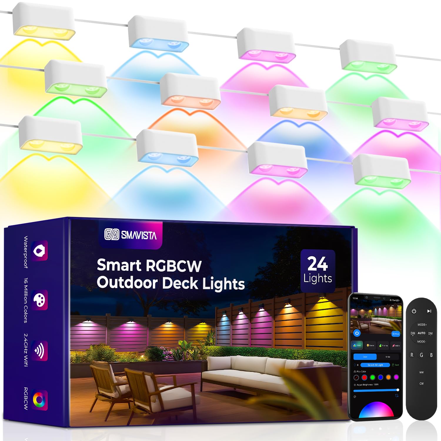 Outdoor Deck Lights 24 Packs, Smart RGBCW Fence Light, 100+ Scene Modes, Dual Lens LED String Lights with APP/Voice/Remote Control, IP65 Waterproof for Halloween Christmas Decor, 157ft White