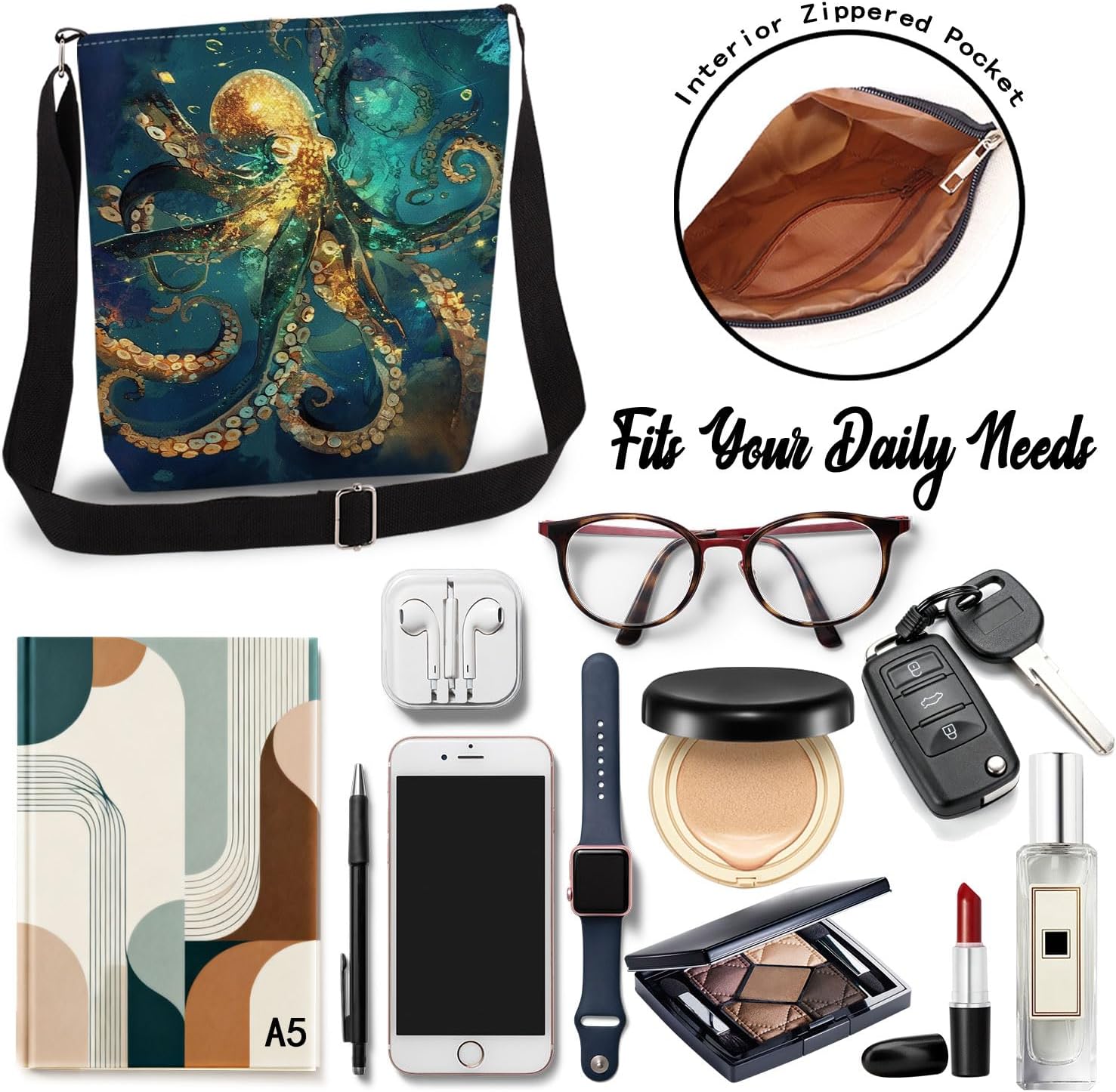 Octopus Print Canvas Crossbody Bag, Adjustable Strap Lightweight Purse with Top Zipper & Inner Pocket, Daily Shoulder Bag Gift for Women - Image 6