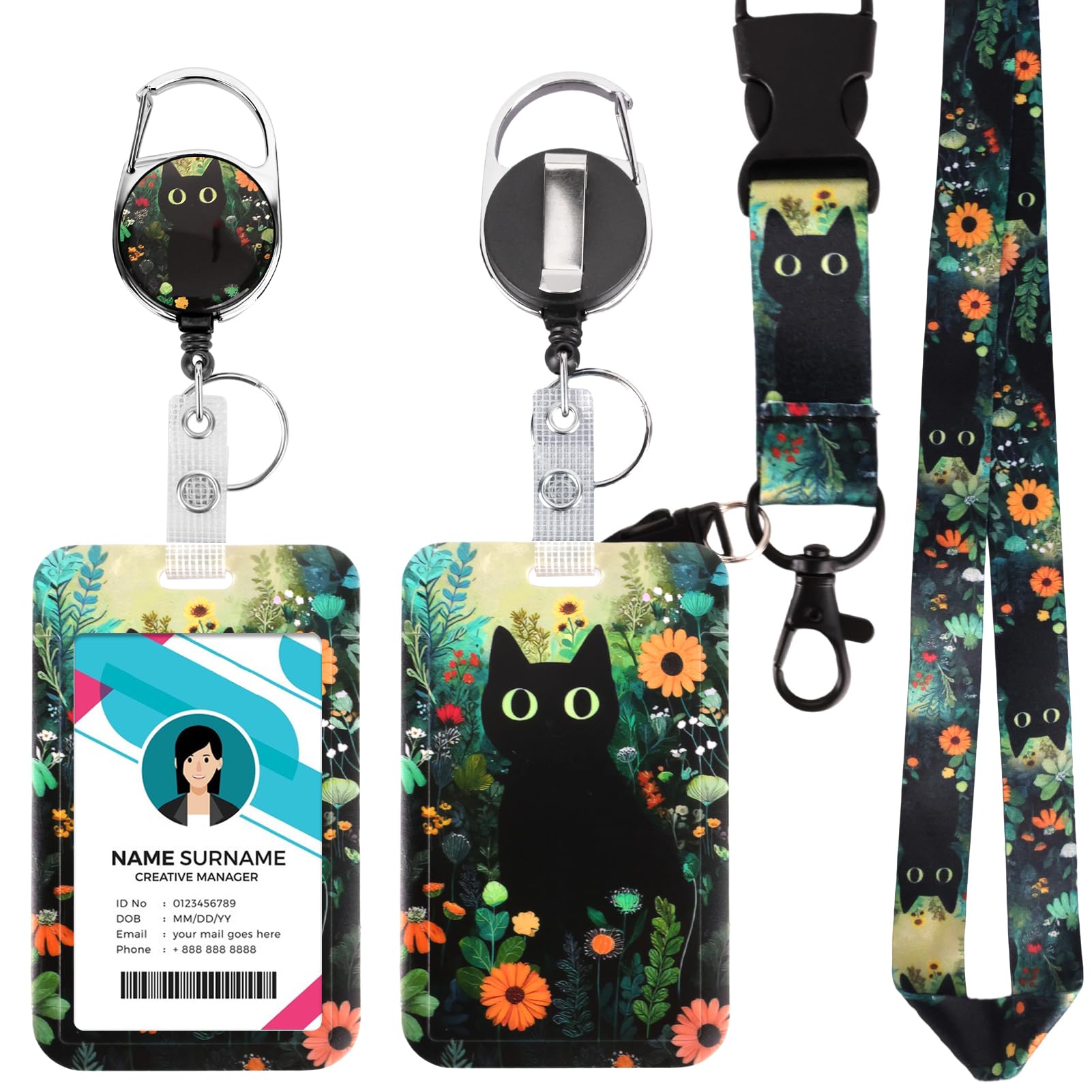 ID Badge Holder with Detachable Lanyard, Retractable Badge Reel, Removable ID Tag Clip, Neck Lanyard (Black Cat with Flowers)