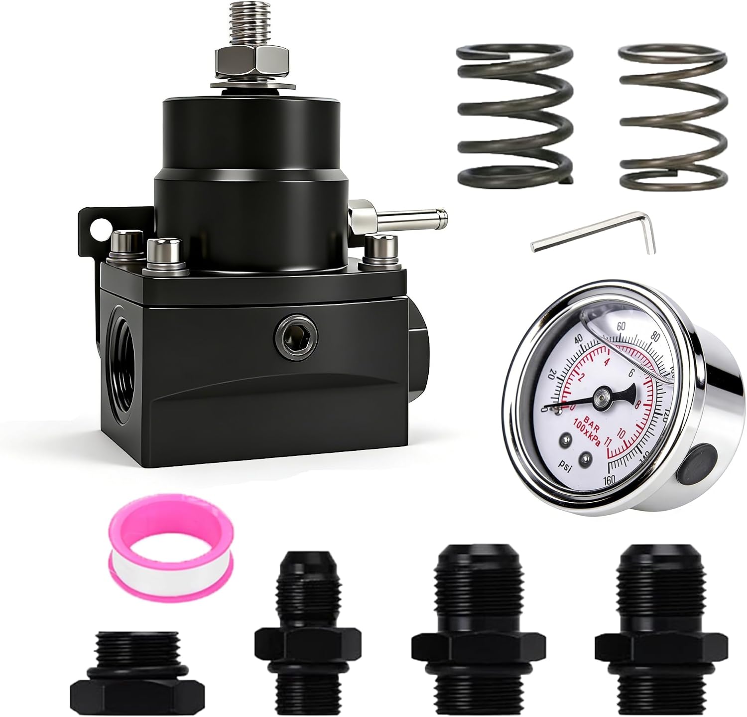 Adjustable EFI Fuel Pressure Regulator Kit with Gauge AN8 Feed Port and AN6 Return Port (3-70PSI)，Black