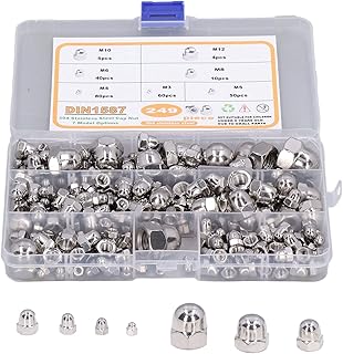 249 Peças Porcas de Tampa Sextavadas, Porcas de Tampa Sortidas de Porcas de Bolota M3‑M12 DIN1587 Aço Inoxidável 304 Com Acabamento Brilhante