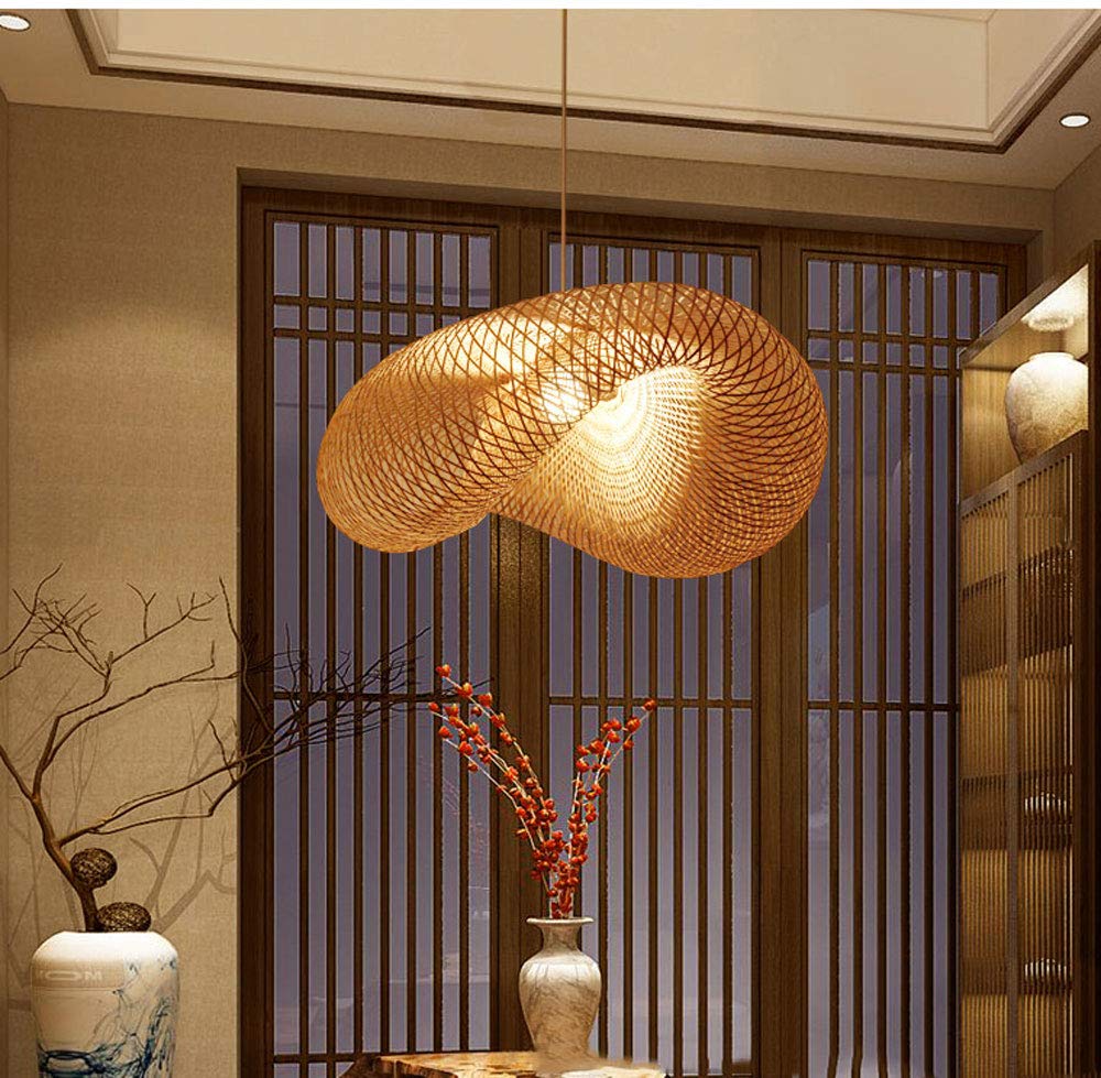 CHENKUI Pantalla De Lámpara De Estilo Geométrico De Araña Arte De Bambú Moderno 1 Luz, Lámpara Colgante De Techo De Ratán Tejido Accesorios De Iluminación De Techo De Decoración Nido De Pájaro Mimbre
