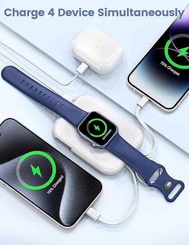 Miniatura 57 de RORRY Cargador portátil, cargador portátil de 5000 mAh con cables integrados, llavero de viaje para Apple Watch Ultra/11/10/9/8/7/6/SE, iPhone Azul
