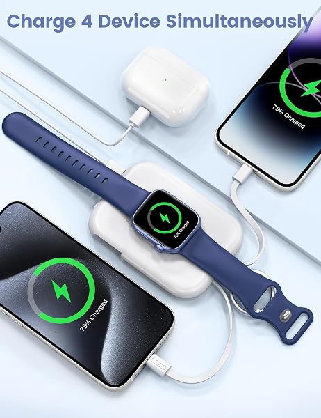 RORRY Portable Charger, 5000mAh Portable Charger Power Bank with Built-in Cables, Travel Essentials Keychain Battery Pack for Apple Watch Ultra 2/10/9/8/7/6/SE/5, iPhone 16/15/14/13/12, White - 4