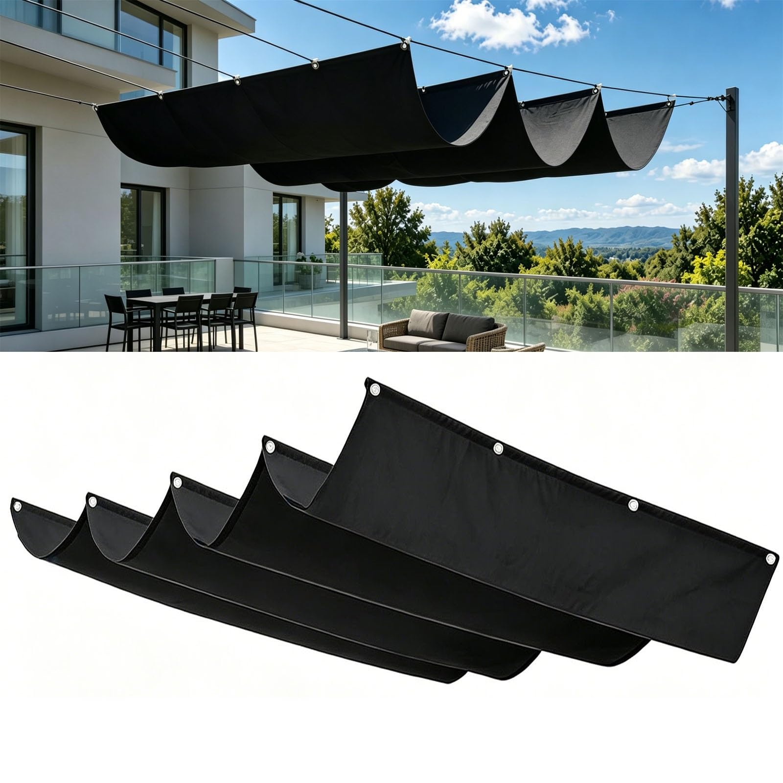 Rétractable Vague Voile-D'Ombrage 1.5 x 3.6 m Protection UV 98% PES Résistant à l'eau Durable Résistant et Respirant Toile Ombrage Extérieur pour Patio Jardin Terrasse, Noir