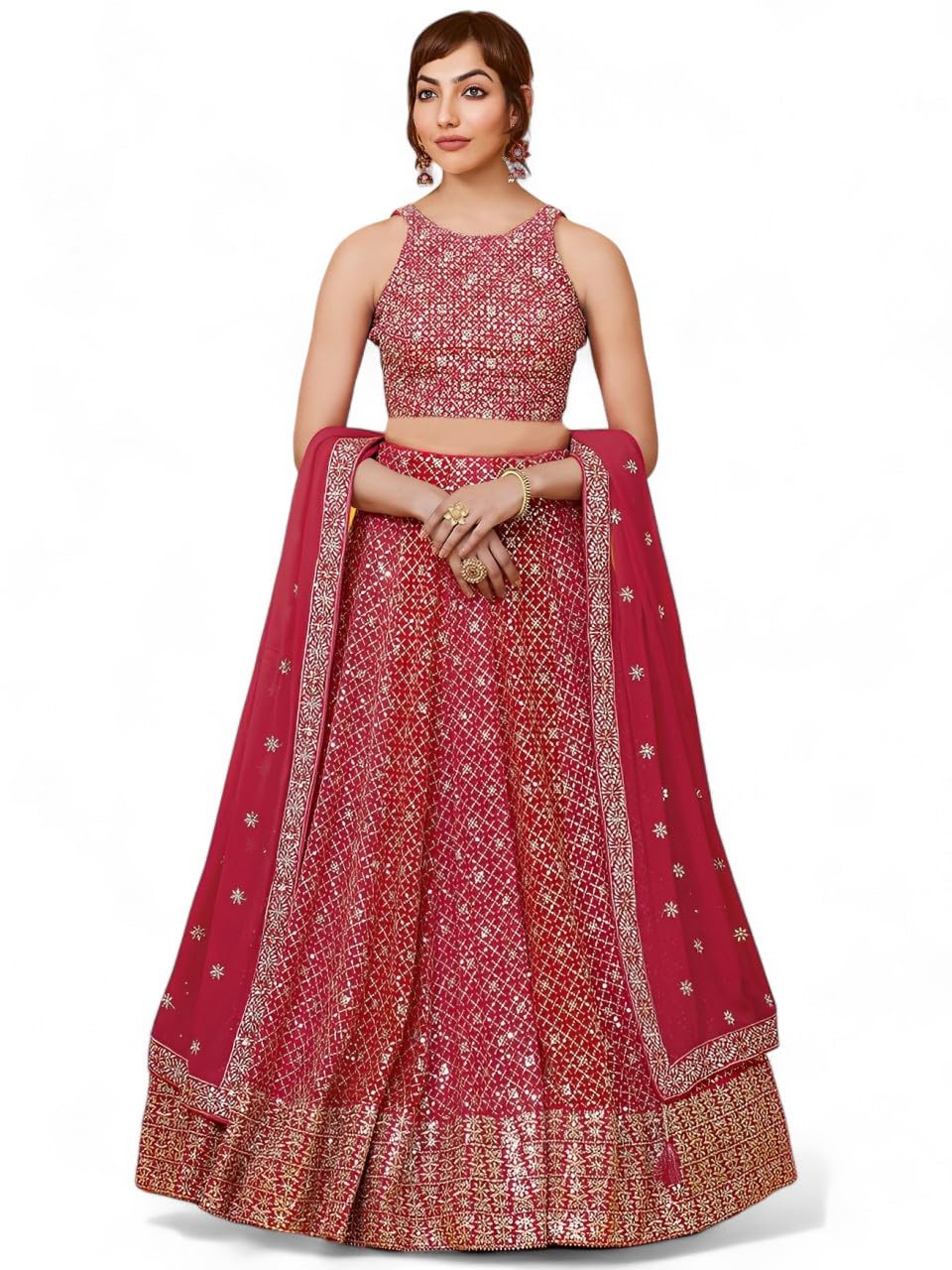 zeel clothing Womens Sequins Thread Embroidered Work Pure Georgette Readymade Lehenga And Choli Set With Dupatta (7088-Red-Wedding-Stylish- Lehenga-Choli; Free Size)-picture-45