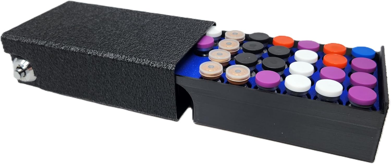 3ml Vial Case with Lock for Peptide Vials | Rugged Fridge and Freezer Safe Case (26 3ml Vials, Black/Blue)