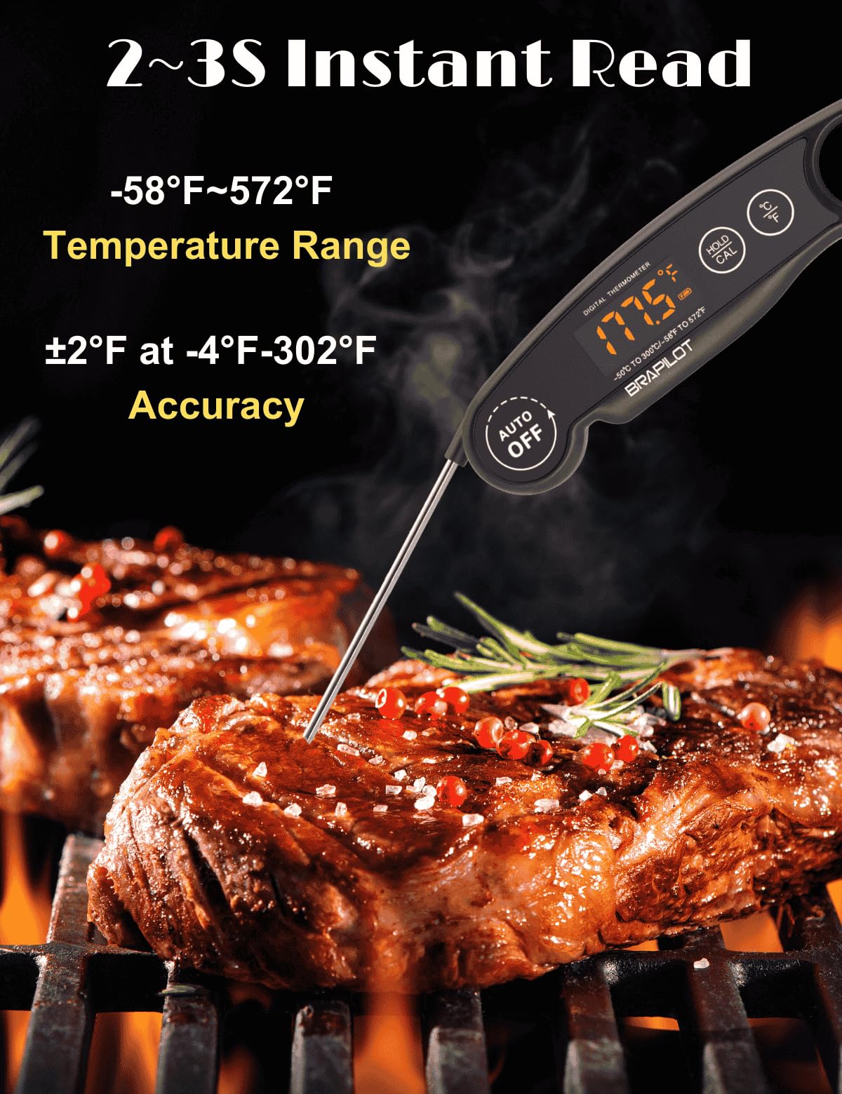 BRAPILOT Digital Meat Thermometer Rechargeable,Waterproof Kitchen Cooking Thermometer Probe,2-3S Instant Read for Steak Grill Water Milk Bread Airfryer BBQ Baking Oil Deep Fry Smoker (Black)