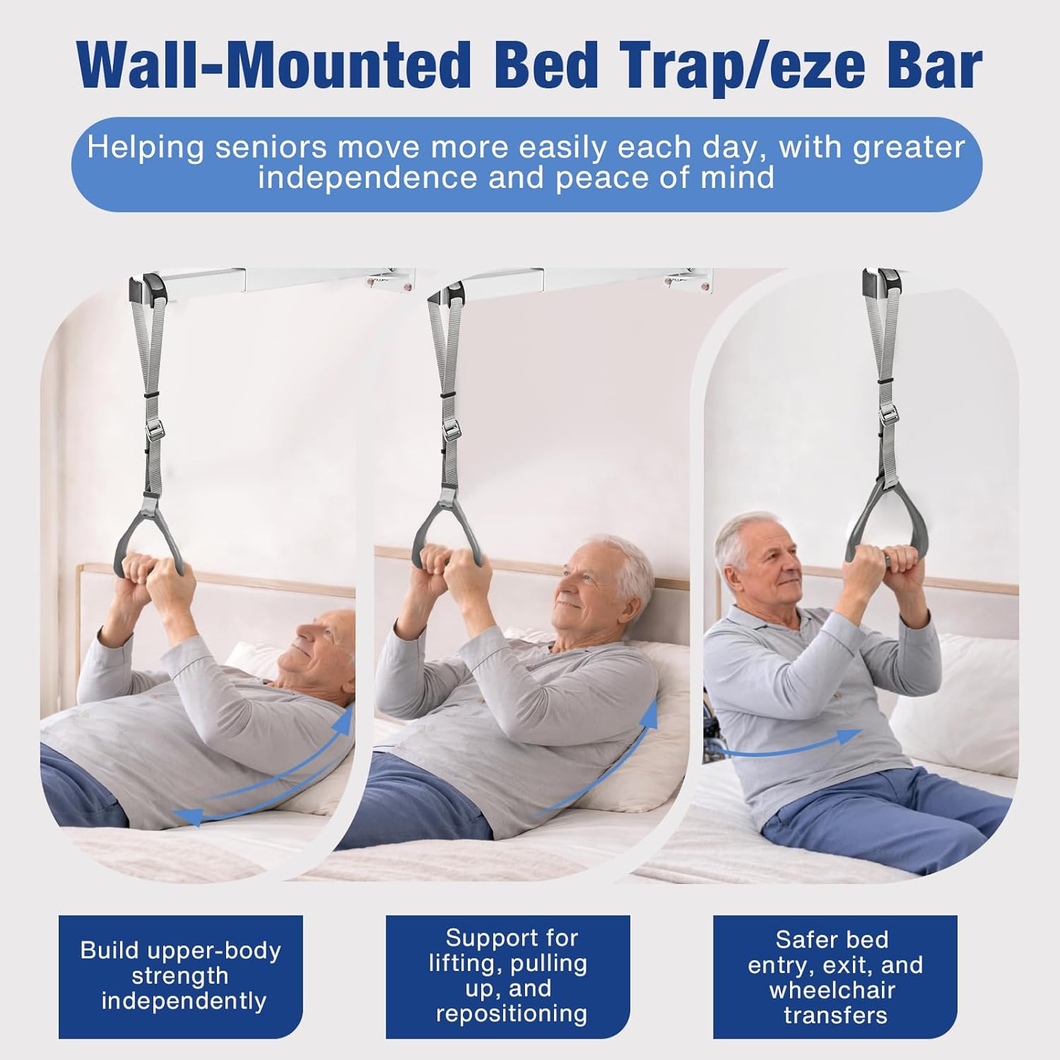 Huazu Trap/eze Bar for Bed Mobility, Wall-Mounted Bedside Pull-Up Assist with 5 Locking Angles, 200 lb Weight Capacity Support Handle for Bed Mobility, Sitting Up, Turning, HMBT-01
