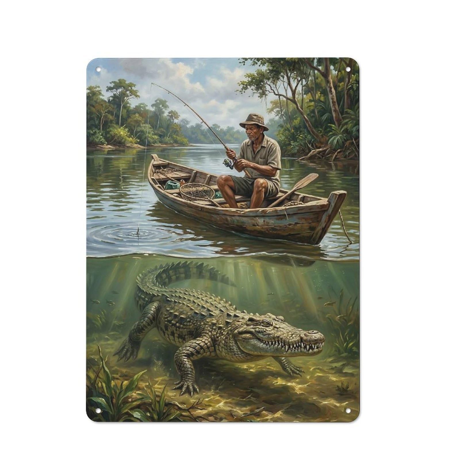 Junmoney Style-4 Garage Style Fisherman And Crocodile In River Decorative Metal Plaque 40X30cm, Garage Wall Decor For Workshop, Basement, Shed Or Games Room