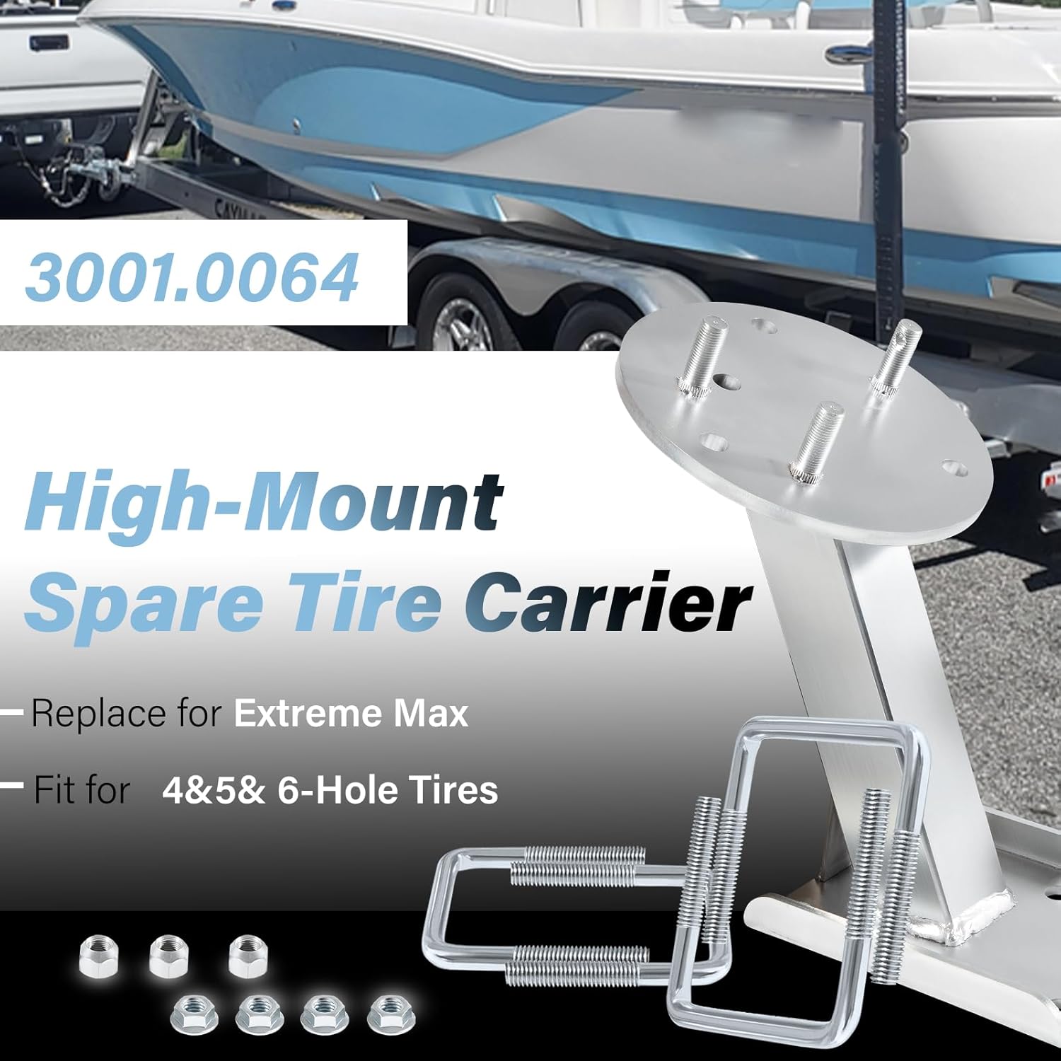 3001.0064 Heavy-Duty High-Mount Spare Tire Carrier Fit for 5 & 6-Hole Tires Up to 16” and 3" and 4" Trailer Frames