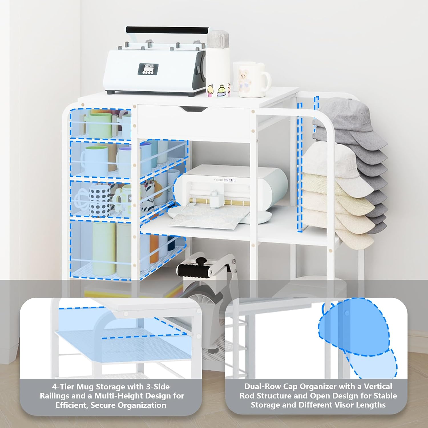 PUNCIA All-in-One Movable Tumbler and Cap Press Stand, Space Saving 3-Tier Heat Transfer Organizer Workstation with Cup Holder and Hat Storage Ideal for Craft Room Studios Home Craftsman DIY Makers
