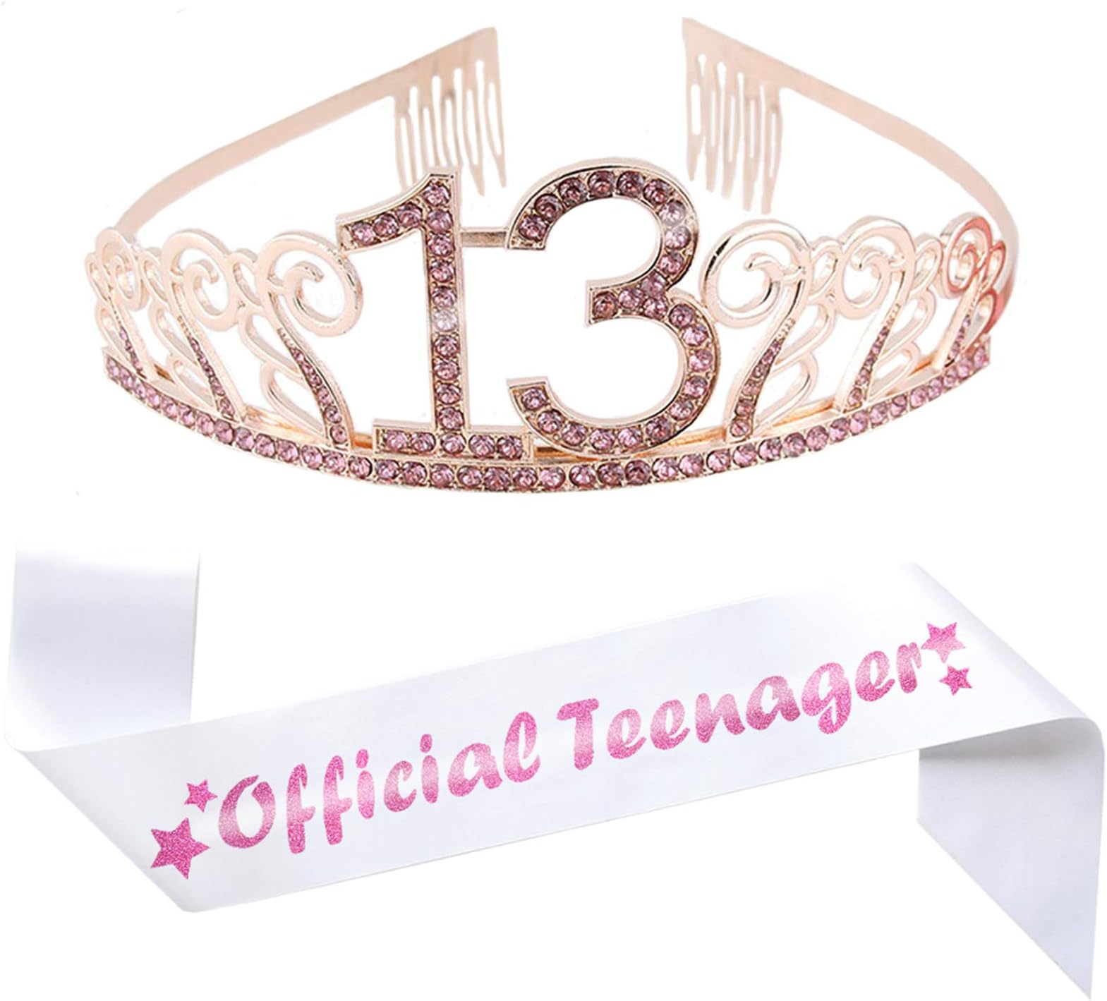 13th Birthday Pink Tiara and Sash, Glitter Satin"Official Teenager" Sash and Crystal Rhinestone Birthday Crown for Happy 13th Birthday Party Supplies Favors Decorations 13th Birthday Cake Topper