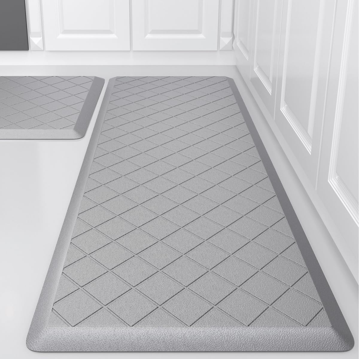 Cushioned Kitchen Mat 2 PCS, Anti Fatigue Kitchen Rugs, Heavy Duty Non-Skid, Ergonomic Comfort Foam Kitchen Floor Mat for Home, Office, Sink, Laundry - Grey