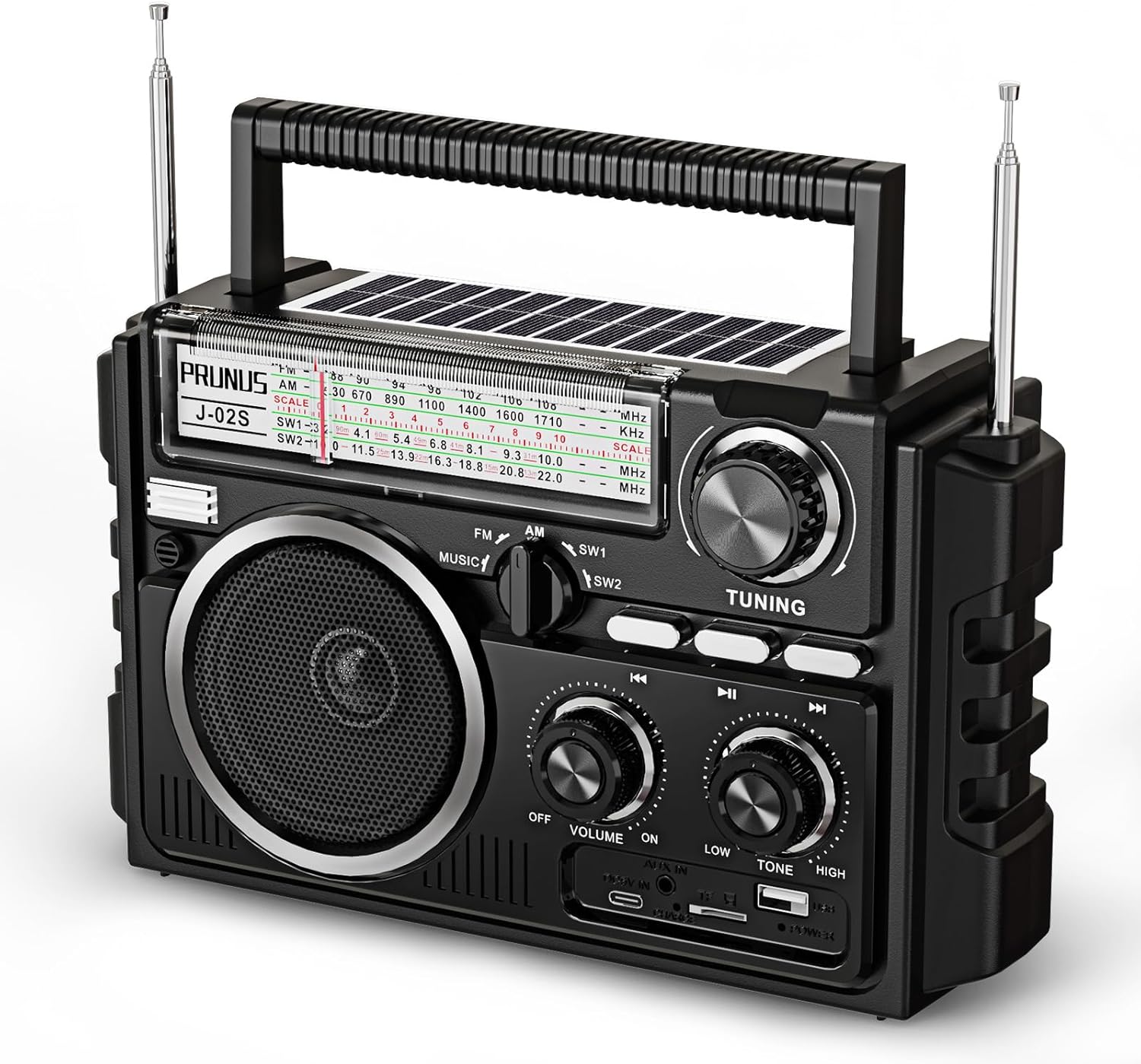 PRUNUS J-02 AM FM SW Radio Transportable with Twin-Antenna,Photo voltaic/D Battery Operated/USB Rechargeable with Bluethooth,Assist TF Card/USB Enjoying, Transistor Radio Massive Knob Straightforward to Use for Seniors