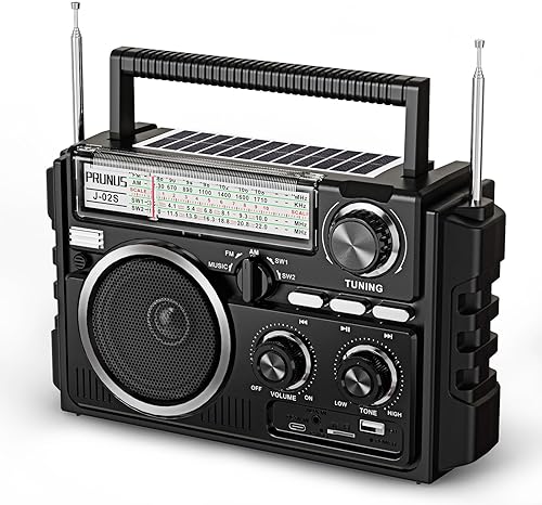 PRUNUS J-02 AM FM SW Radio portátil con Bluetooth, funciona con energía solarfunciona con bateríaUSB recargable, compatible con tarjeta