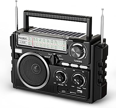 PRUNUS J-02 Portable Radio AM FM SW Bluetooth, Dual-Antenna, Solar/D Battery/USB Rechargeable, Support TF Card/USB Playing, Transistor Radio with Large Knob, Easy to Use for Seniors Gifts for Mom