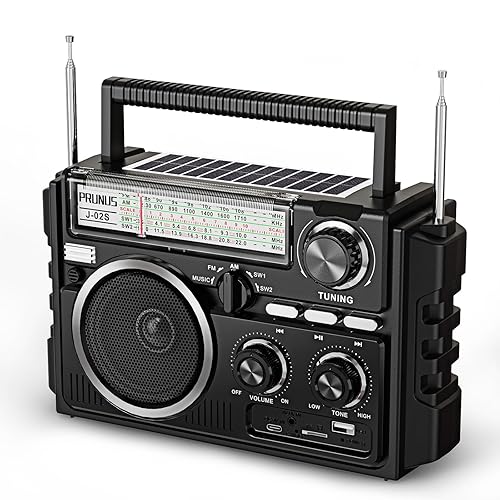 PRUNUS J-02 AM FM SW Radio Portable with Dual-Antenna,Solar/D Battery Operated/USB Rechargeable with Bluethooth,Support TF Card/USB Playing, Transistor Radio Large Knob Easy to Use for Seniors