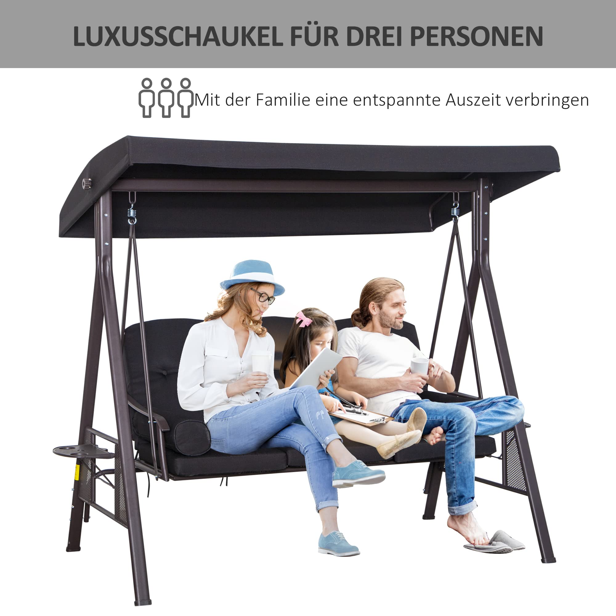 Outsunny 3-Sitzer Hollywoodschaukel Sonnendach Schwarz 116 x 206 x 183 cm | Gartenschaukel, Kissen, Metall, Polyester