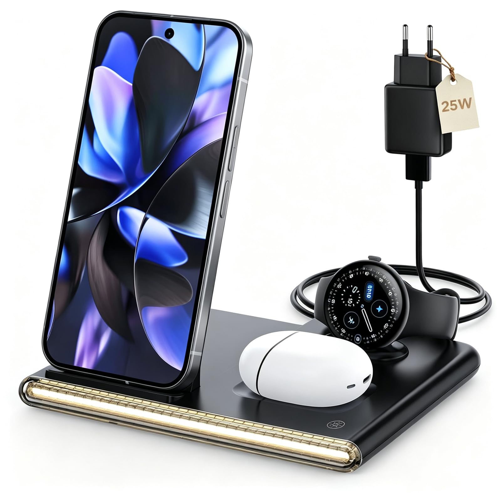 3 in 1 Kabelloses Ladegerät nur für Google Pixel Watch 4 (41mm/45mm), 15W Induktions Ladestation für Google 10 Pro/10/9/8/7/6/5/4, Pixel Buds Pro 2, Nicht kompatibel mit Pixel Watch 1/2/3 | 15w Kabelloses Ladegerät für Google, 5w Pixel Watch 4 Ladegerät (