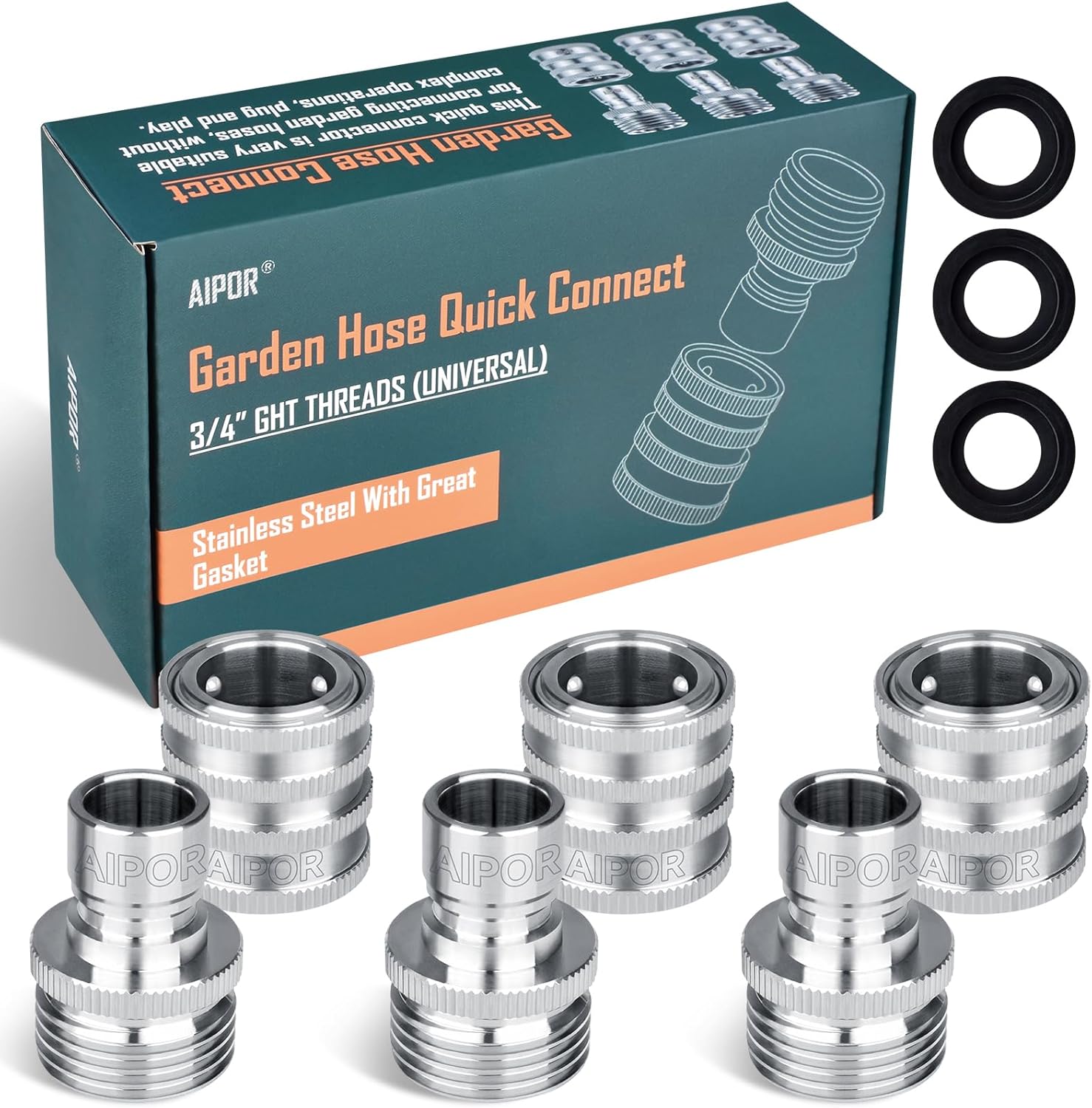 Quick Connect Hose Fittings for Garden Hose Quick Connector 3/4 Inch GHT Stainless Steel Quick Release Connectors No-Leak (3 Set)