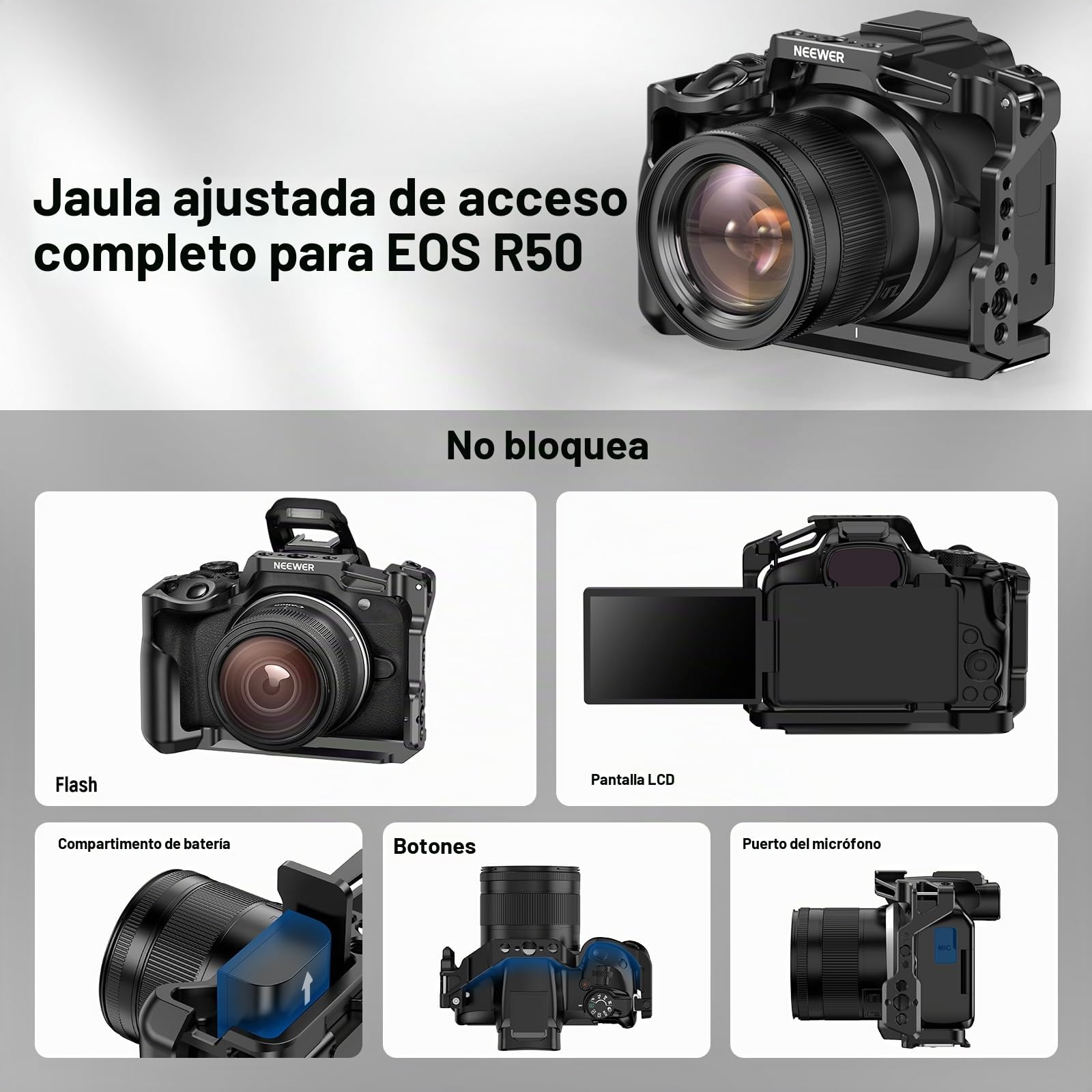 NEEWER R50 Cage Jaula de Cámara Compatible con Canon EOS R50, Video Rig de Aluminio con NATO Rail, 1/4" Roscas, 3/8" Orificios ARRI, Zapata Fría, Compatible con dji Gimbals Arca Type QR System, CA031