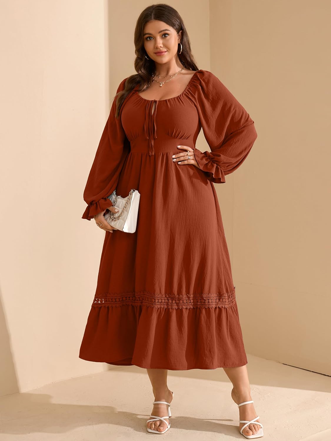 RWJ Women's Plus Size Fall Dresses Long Sleeve Square Neck Flowy Lace Trim Flutter Wedding Guest Party Casual Dress - Image 4