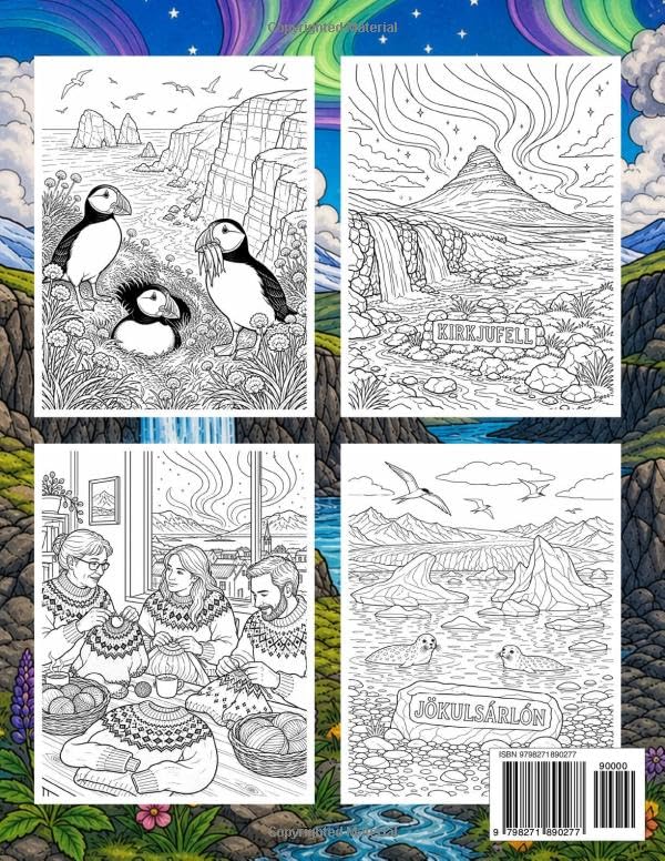 Iceland Coloring Book for Adults and Kids: Scandinavian Nordic Travel Souvenir & Gift Featuring Reykjavik, Icelandic Landscapes, and Europe image 3