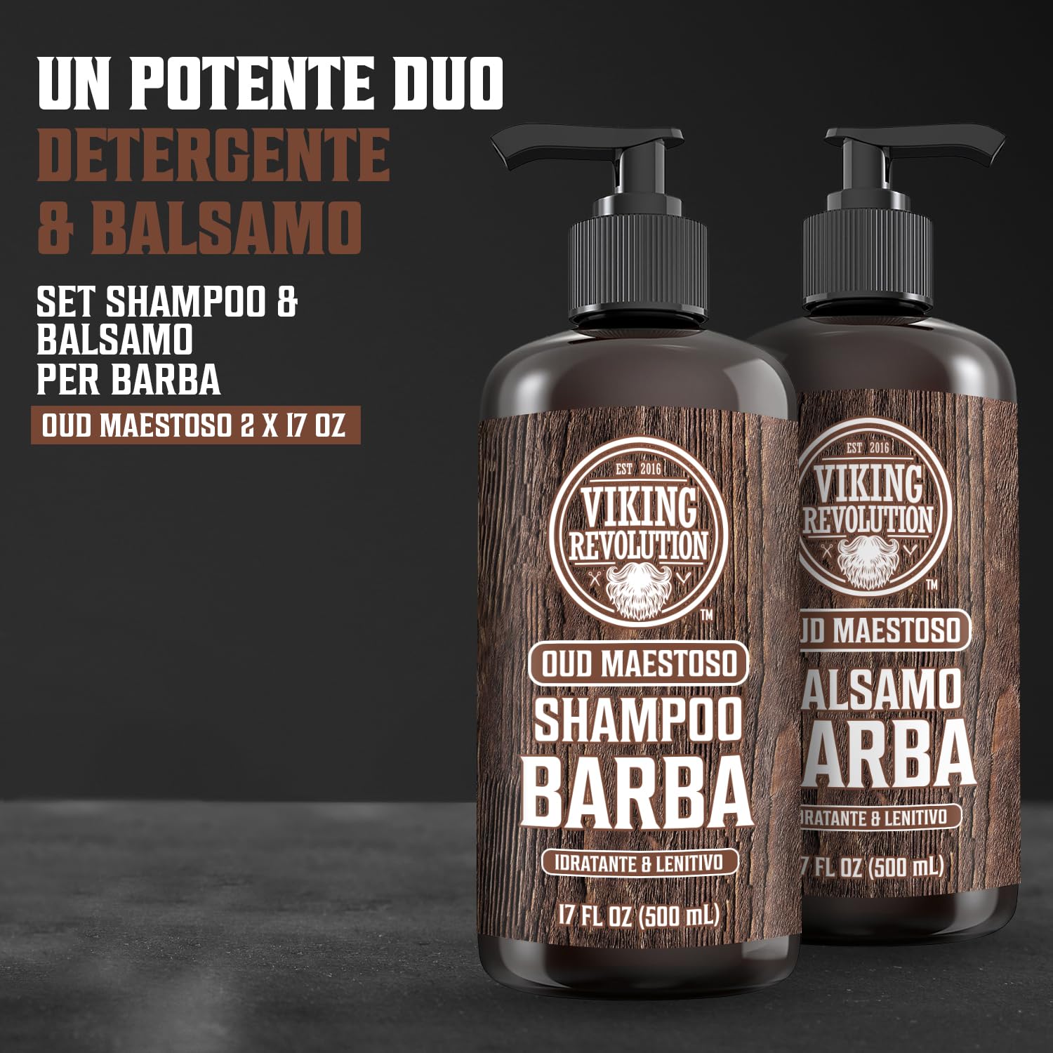 Viking Revolution - Shampoo Barba Uomo - Include Balsamo con Oli di Argan e Jojoba - Ammorbidisce, Lenisce e Rinforza la Barba - Oud Maestoso - 2x500 ml
