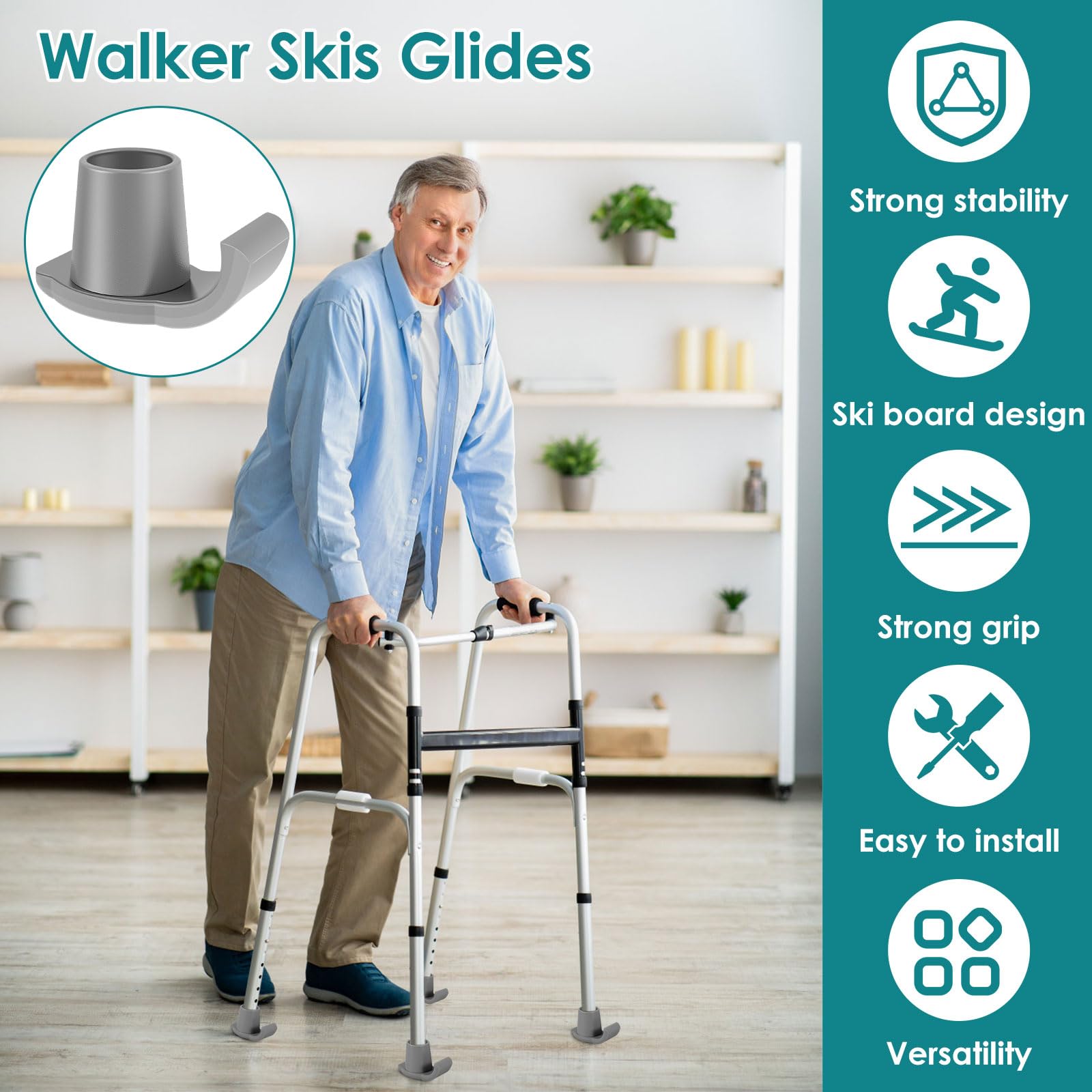 SHAFUFU 6Pcs Walker Ski Glides Plastic Glide Walker Feet Caps Smooth Walker Assist Accessories Reusable Heavy-Duty Walker Ski Replacement Glide Caps for and 1-1/8 Inch Tubes Folding Walker