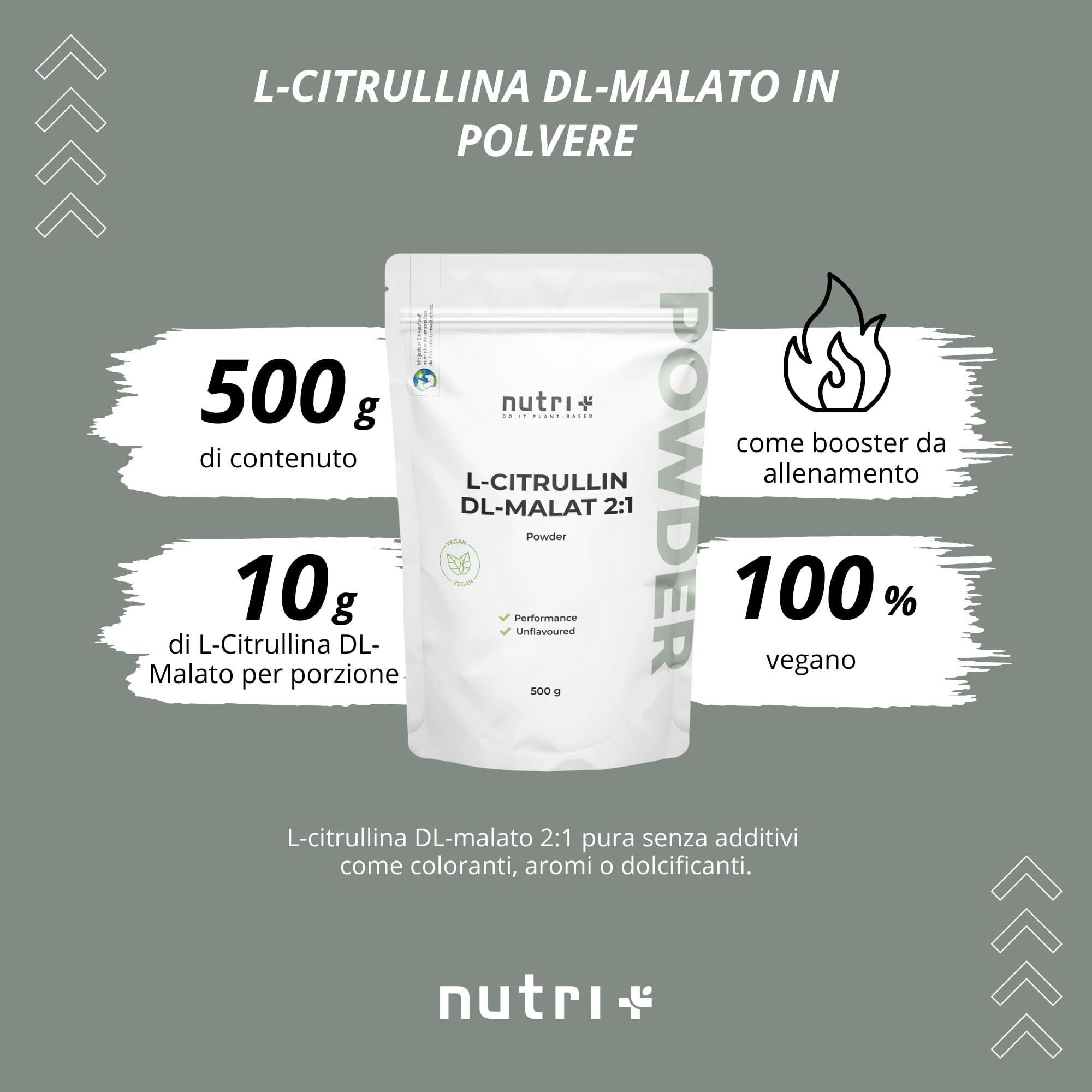Nutri + L-Citrullina Malato in Polvere 500g - altamente dosata + vegan + pura - Booster per Bodybuilding e Fitness - L-Citrulline Malate DL 2:1 in Polvere - Qualità premium da Fermentazione vegetale
