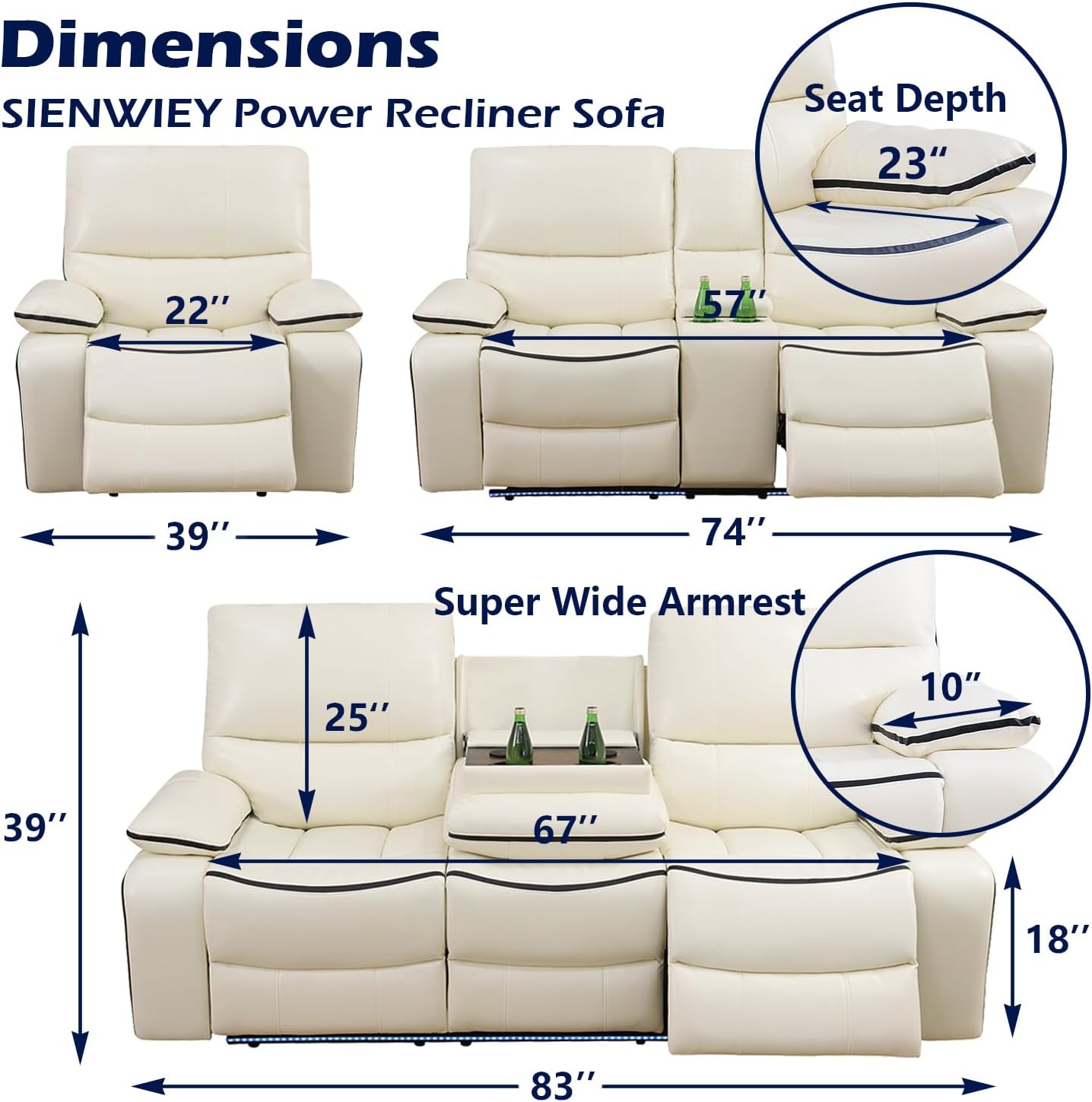 Power Recliner Sofa Set with LED Lights,Leather Reclining Couch Set 3 Pieces, Creamy White Leather Couch Set with Pull Down Coffee Table/Storage Cabinet/Cup Holders(Sofa+Loveseat+Chair)