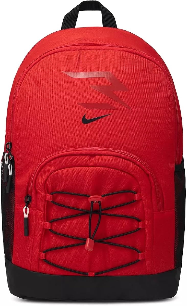 Mochila Nike 3BRAND Kids Blitz Bungee para la escuela, rojo universitario/negro | Funda acolchada para portátil de 17 pulgadas y 2 bolsillos de malla para botellas. Mochila para niños, niñas, deportes, gimnasio y viajes.