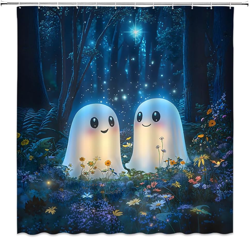 Cute Ghost Forest Shower Curtain Magical Night Scene Colorful Floral Dark Blue Fantasy Spooky Halloween Landscape Bathroom Decor Polyester Curtains with Hooks,70Wx80L