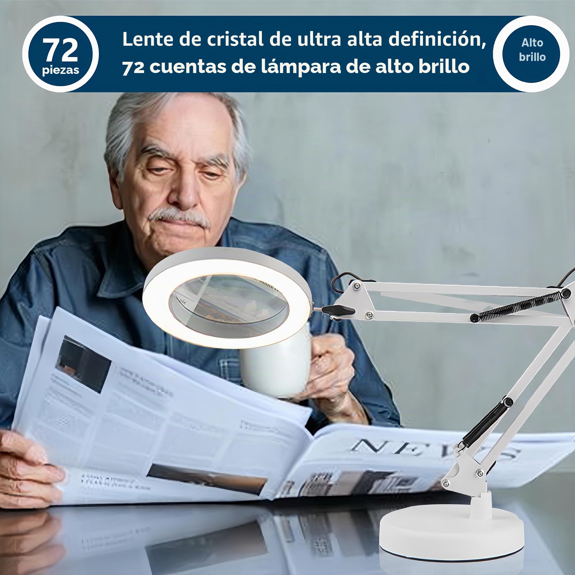 2 en 1 Lupa con Luz y Soporte,Lámpara de Escritorio,con Lupas de 5X,10 Niveles de Brillo Ajustables, Brazo Giratorio Ajustable,para Cosméticos, Práctica Artesanal, Ayuda a La Lectura, Lupa