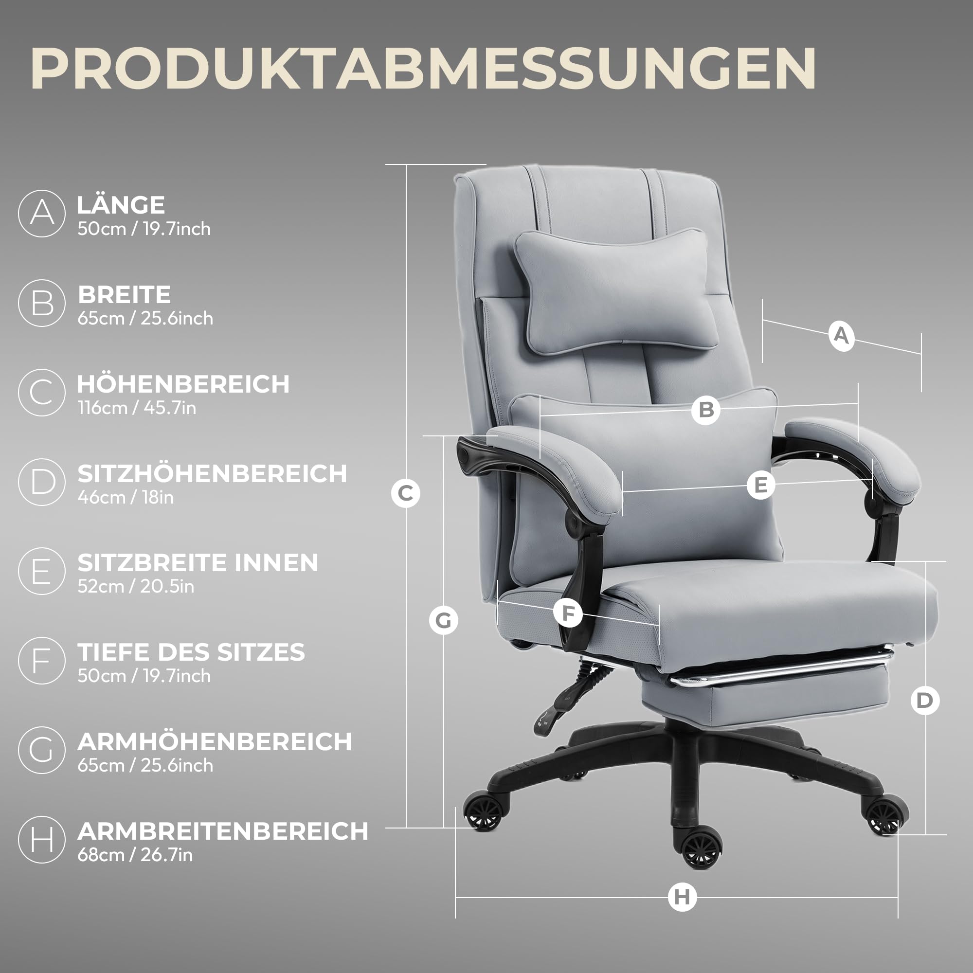 Dowinx Silla de oficina ergonómica con reposapiés, vértebras lumbares ajustables y reposacabezas, silla de oficina ergonómica, silla giratoria para ordenador con respaldo alto, 150 kg (gris)