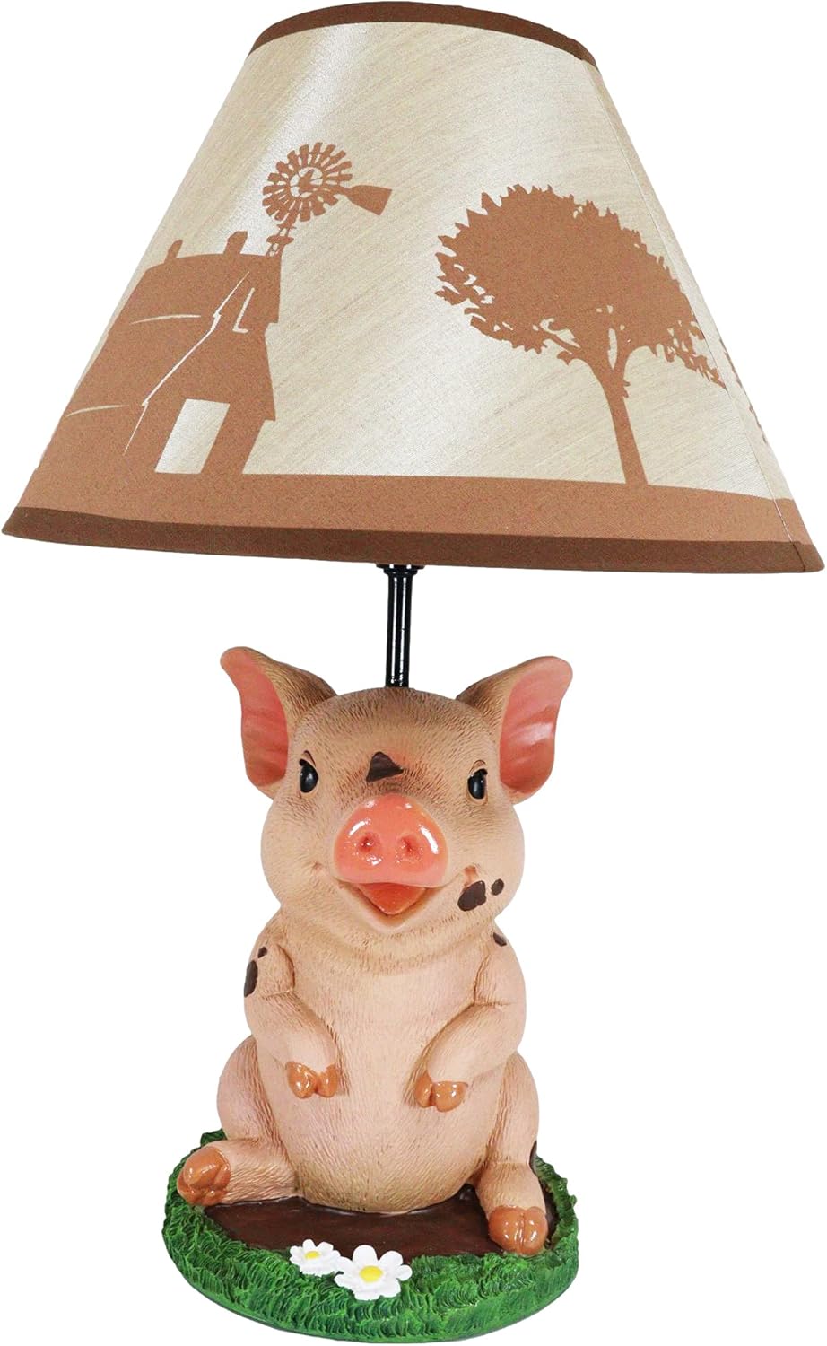 Ebros Gift Rustic Farmhouse Country Pink Babe Piglet Muddy Pig Sculptural Desktop Table Lamp with Windmill Farm Scene Fabric Shade Decorative Accent Light Pigs Swine Boar Accent Decor