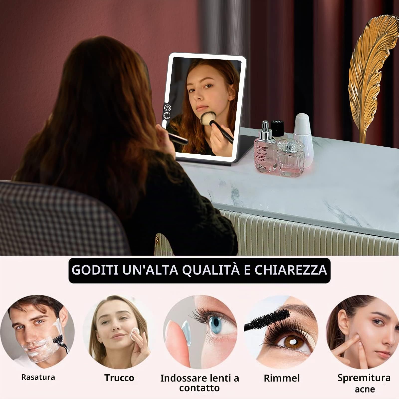 WEILY Specchio Trucco con 72 Luci LED, Touch Screen Tre Colori Regolabile, 2000 mAh USB Ricaricabile Specchio da Viaggio (Nero)