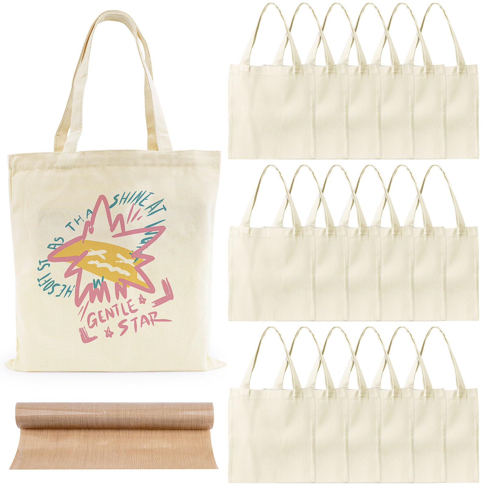 20er Set Stoffbeutel Baumwolle 40x33cm, Blanko Baumwolltaschen mit 1 PTFE Folie, Jutebeutel zum Bemalen Bedrucken, Canvas Tote Bag Großpackung für DIY Plotten