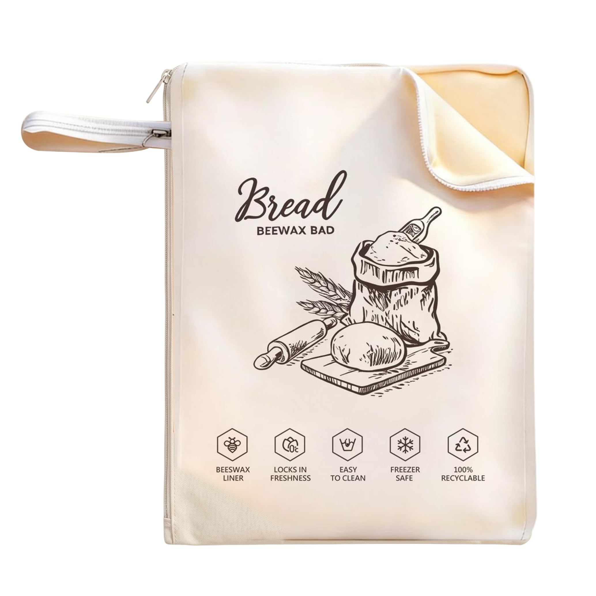Ginwrek Beeswax Bread Bags, Reusable Bread Bag for Sourdough Cotton & Food-Grade Tpu Storage Bag with Zipper for Home, Bakery, 12.6×17 inch