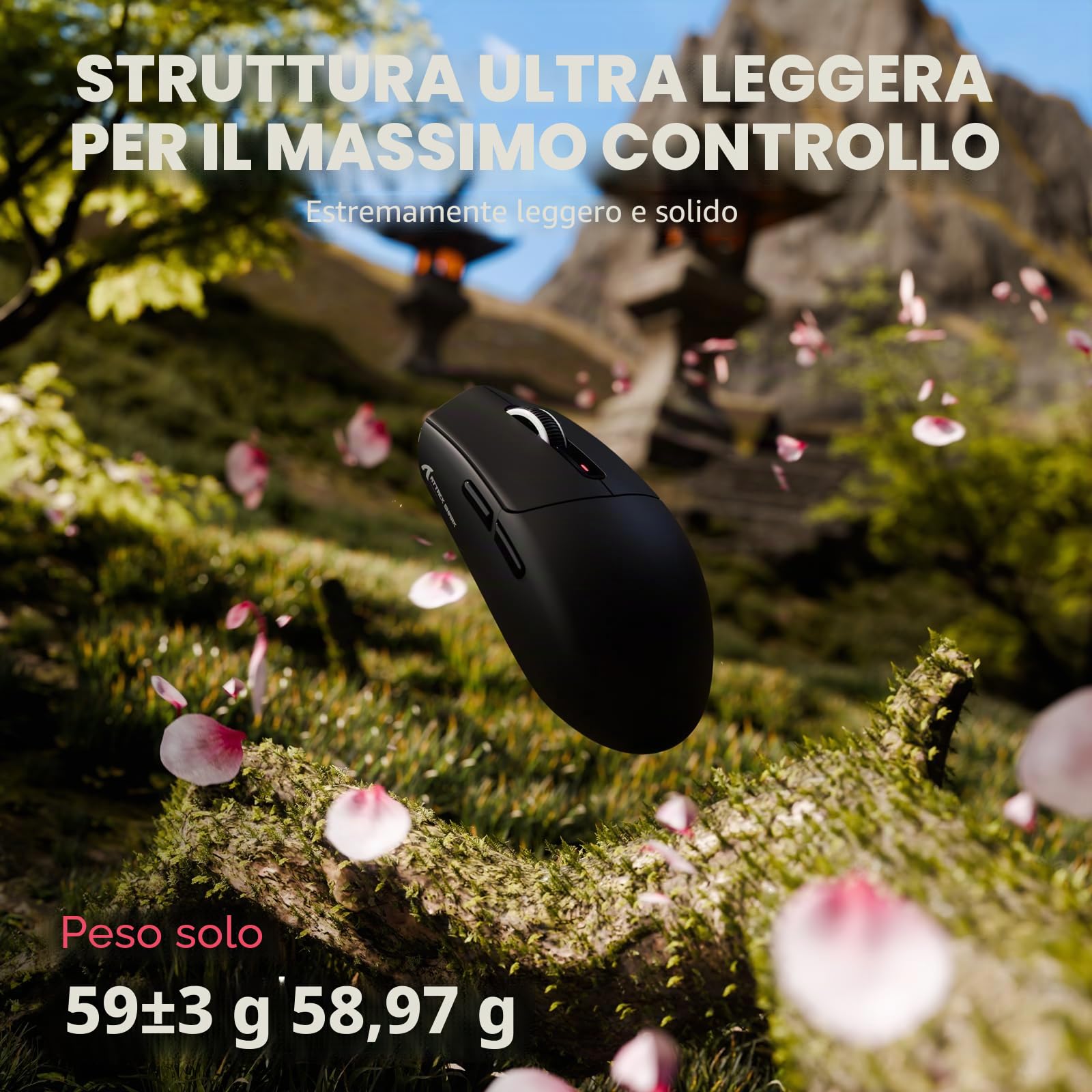 ATTACK SHARK G3 Mouse Gaming Wireless, 59g SUPERLIGHT, 25000 DPI, Sensore PixArt PAW3311, 80 Milioni di Click, Bluetooth/2.4G/USB-C Cablato, Batteria da 500mAh, per PC/Mac, Nero