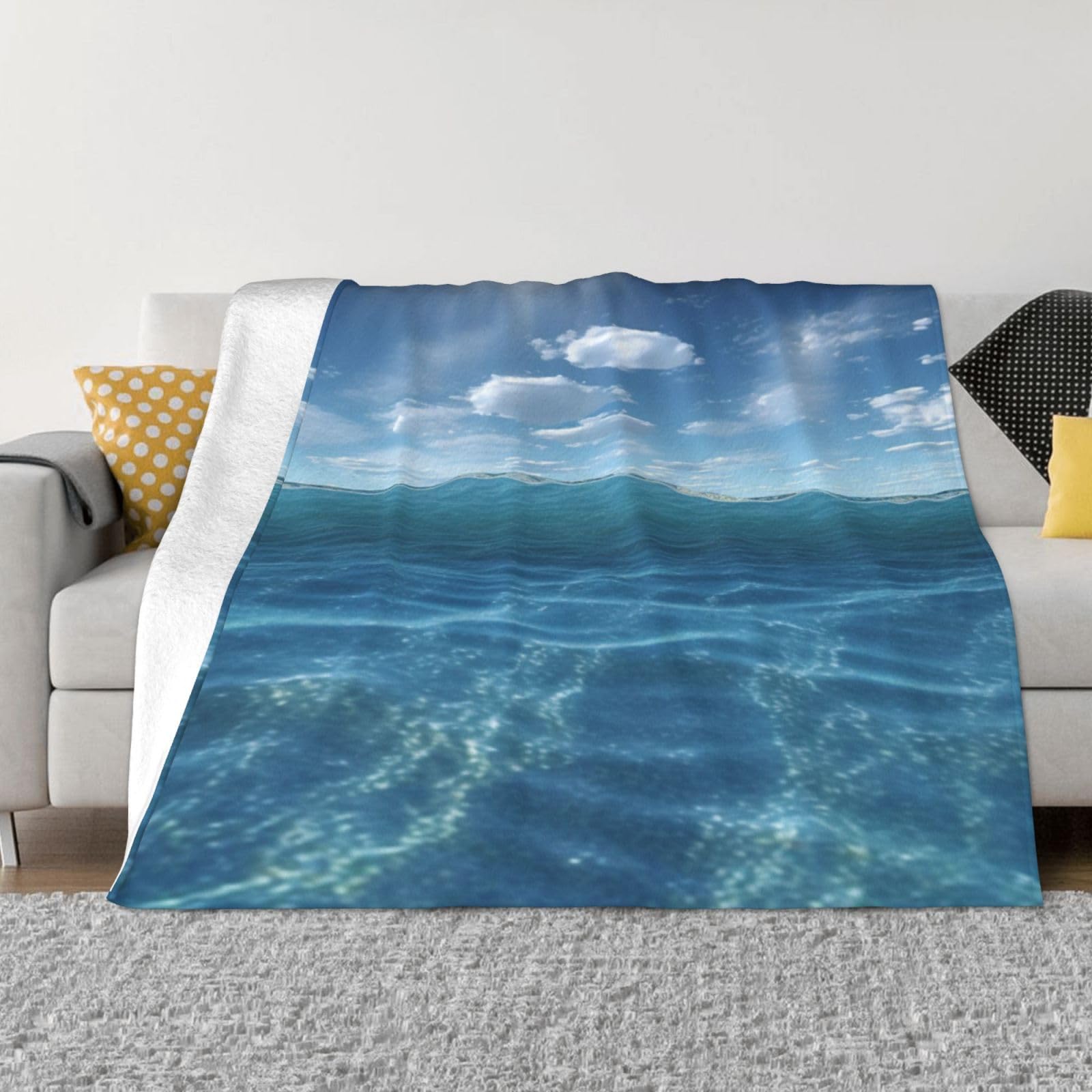 Couverture polaire imprimée mer : plaid doux en flanelle légère pour lit et salon