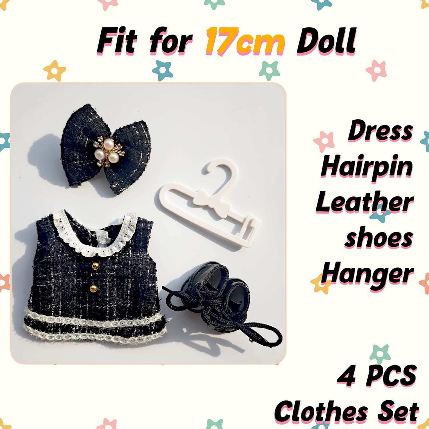 17cm Doll Clothes and Shoes Set, Cute Girls Outfits and Leather Shoes, 4 PCS Black Chic Dress Stylish Outfits Exquisite Accessories