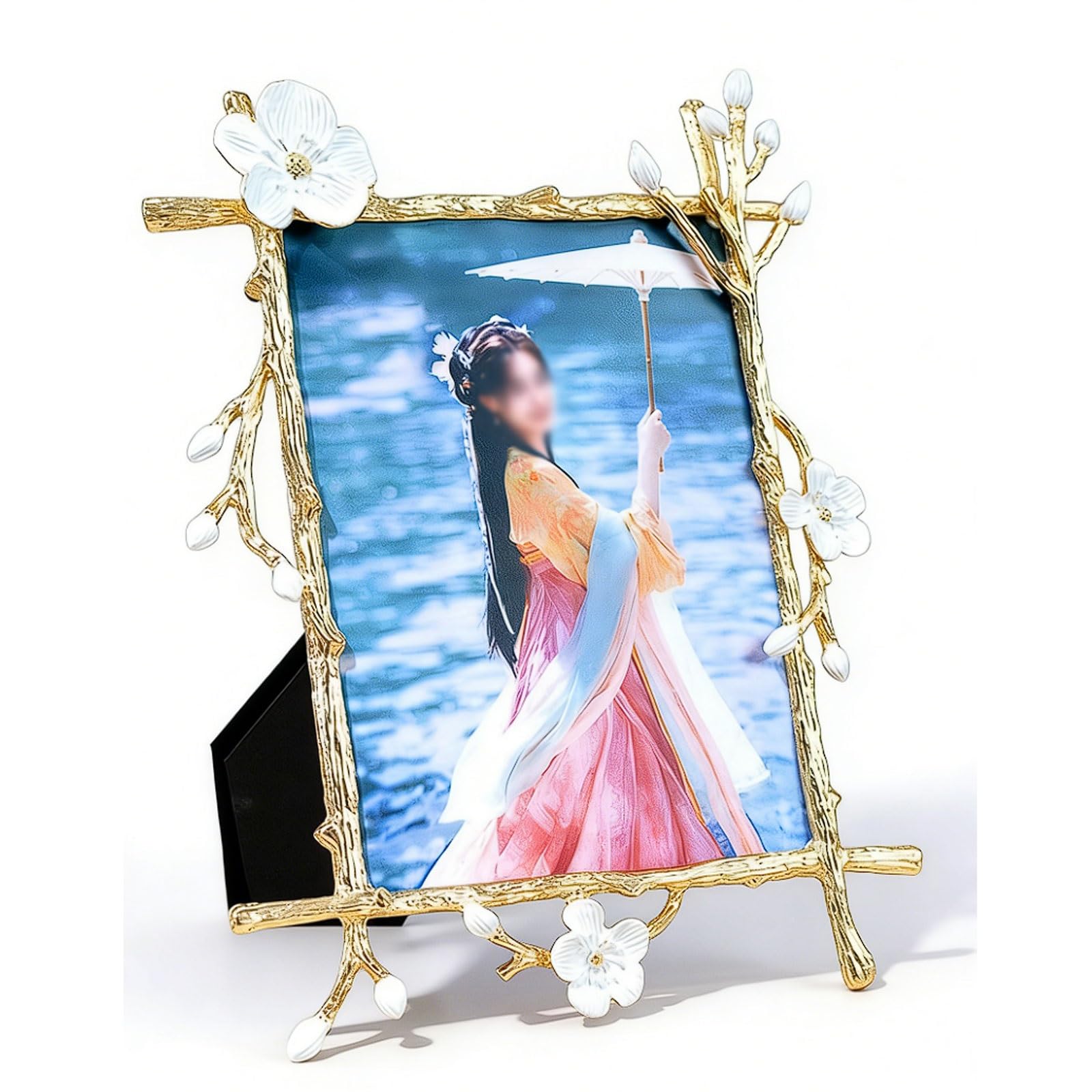 Metal Picture Frame Tabletop Living Room Bedside Table Ornament, Magnolia Flowers and Branches Design photograph(Wei�,7-inch)